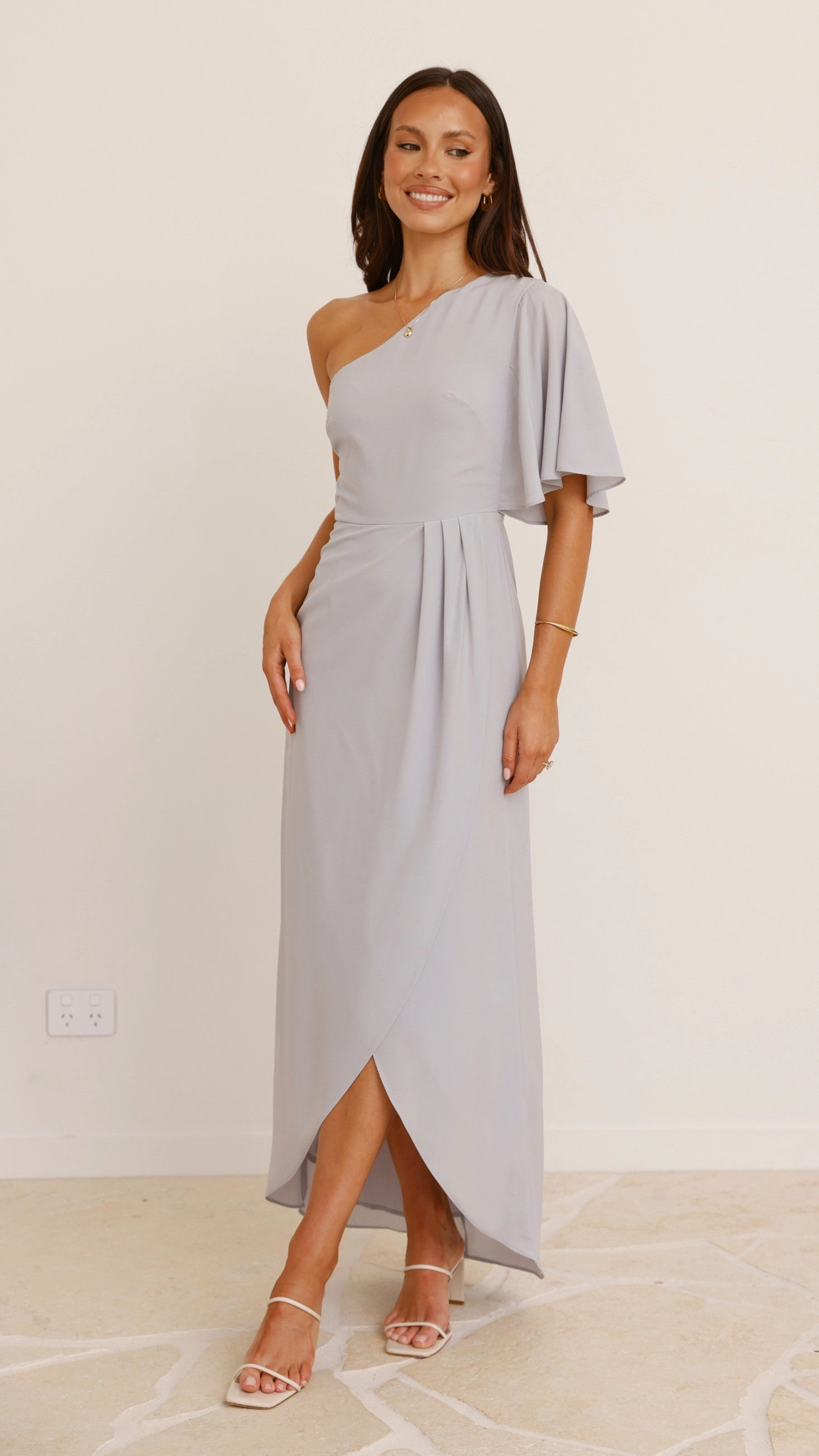Emma One Sleeve Maxi Dress - Light Grey
