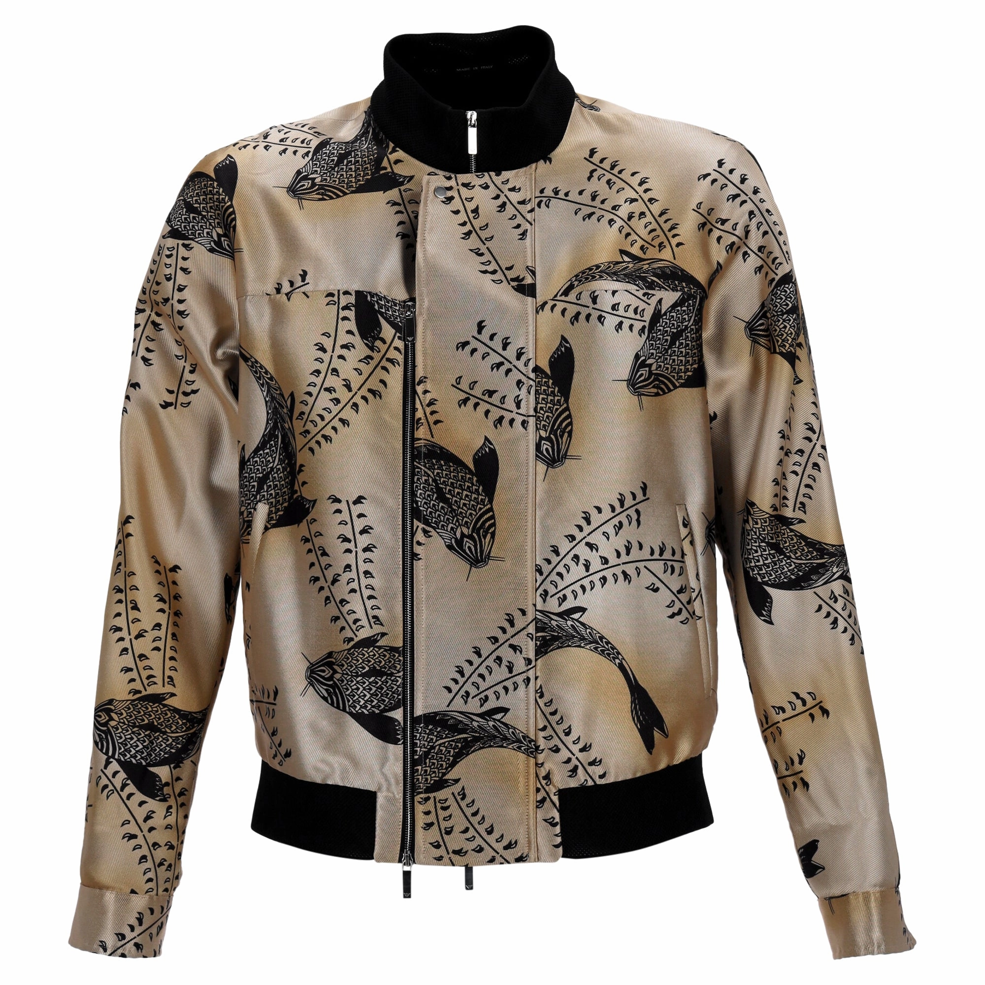 Emporio Armani Koi Print Bomber Jacket in Gold Silk