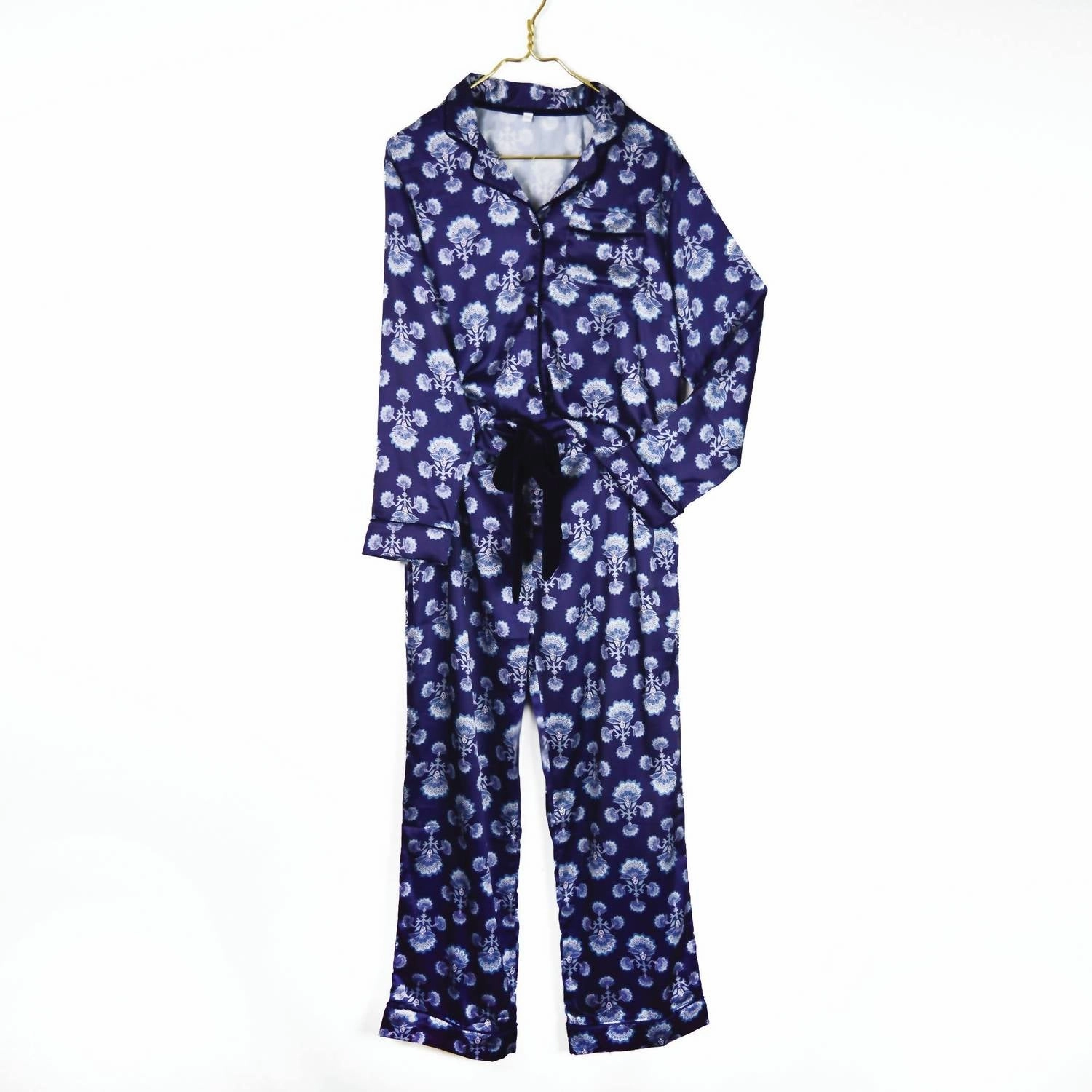 Fan Satin Pant Pj Set In Navy