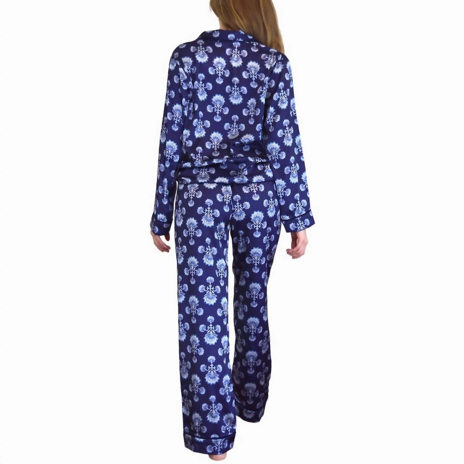 Fan Satin Pant Pj Set In Navy
