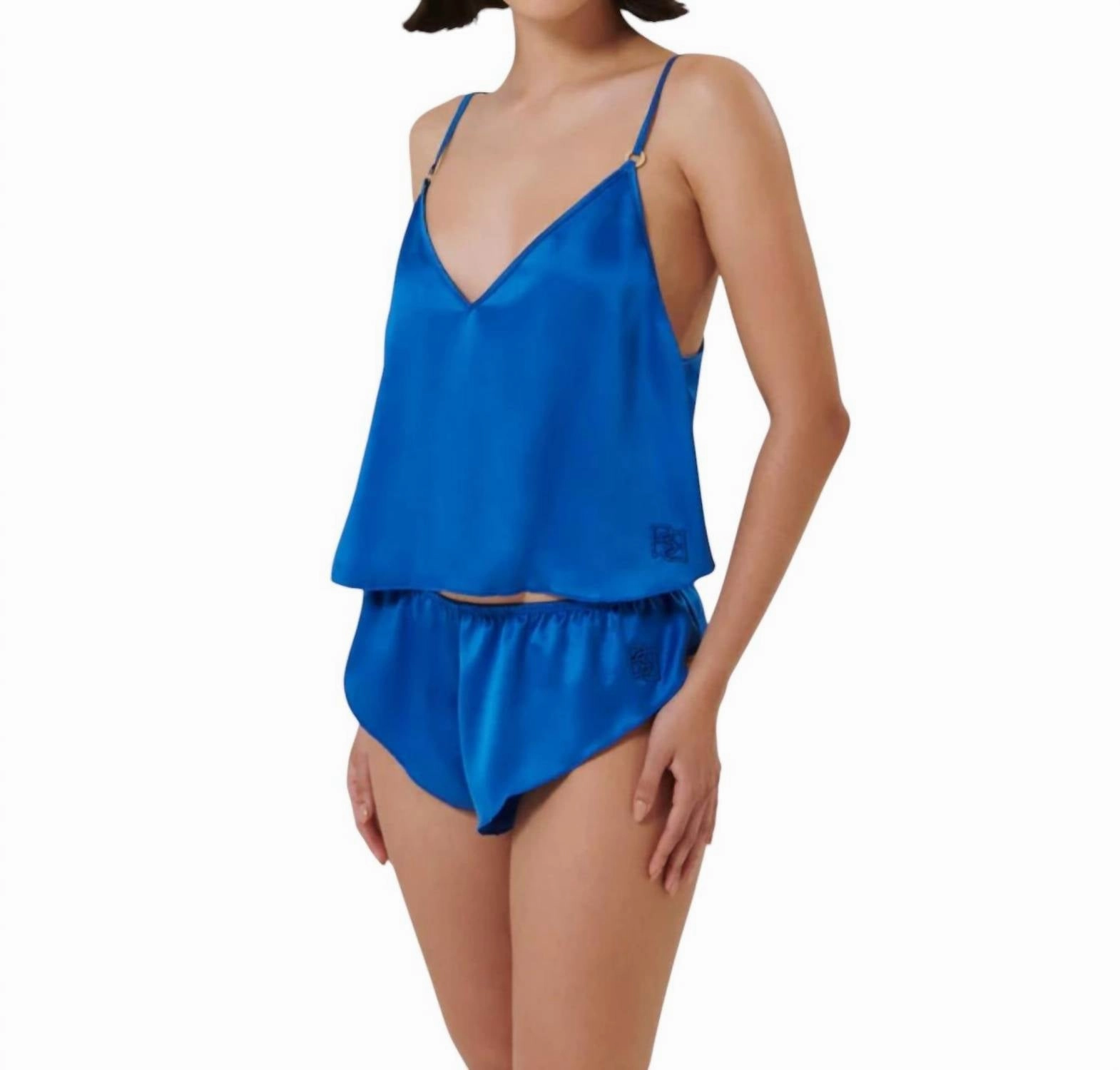Faye Luxury Satin Cami Top And Short Set In Egyptian Blue