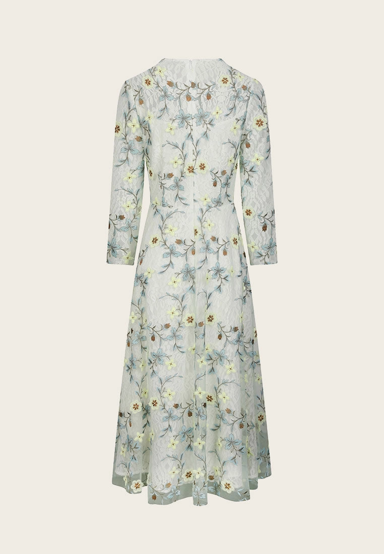 Floral Embroidered Long Sleeve Evening Dress
