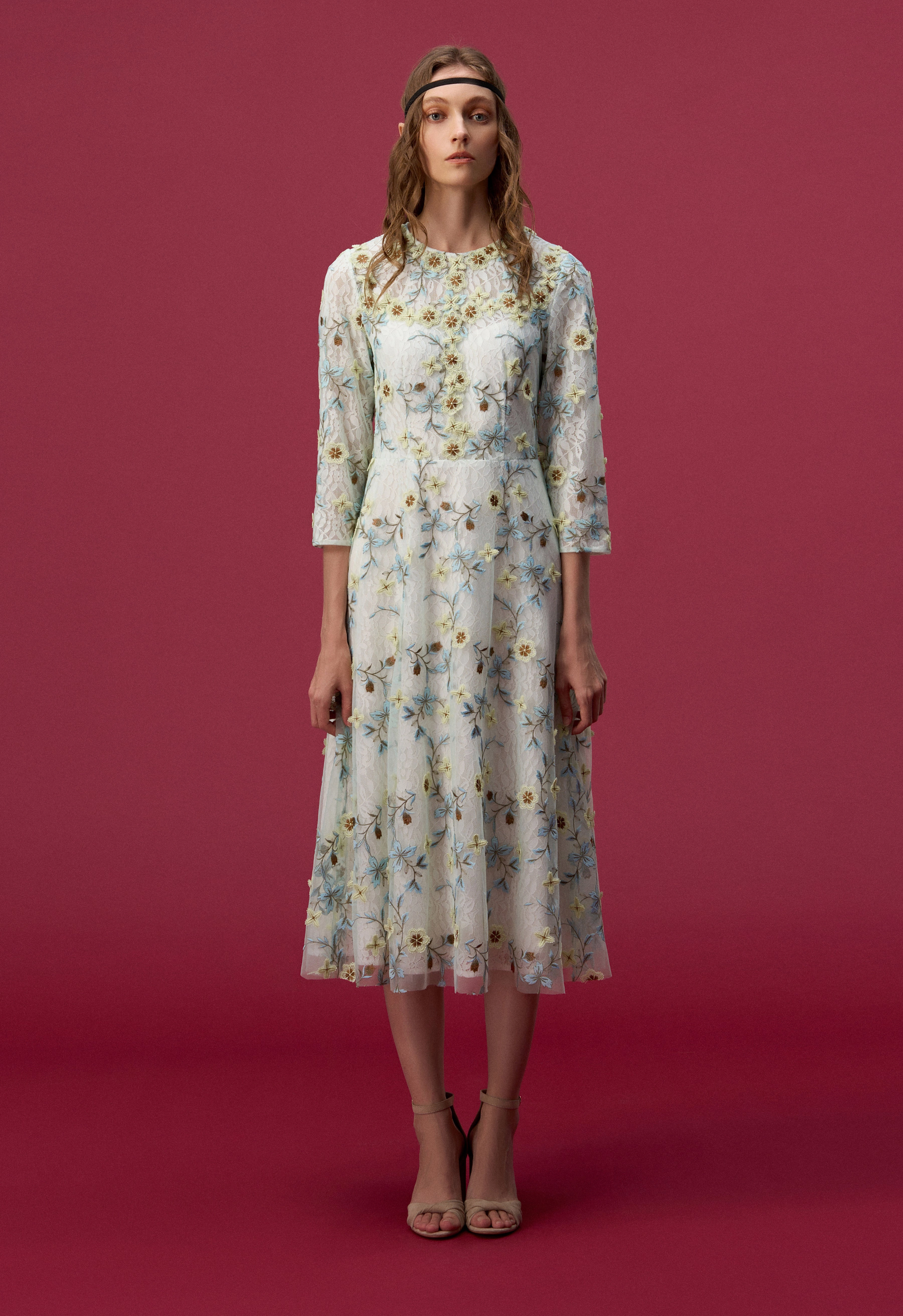 Floral Embroidered Long Sleeve Evening Dress