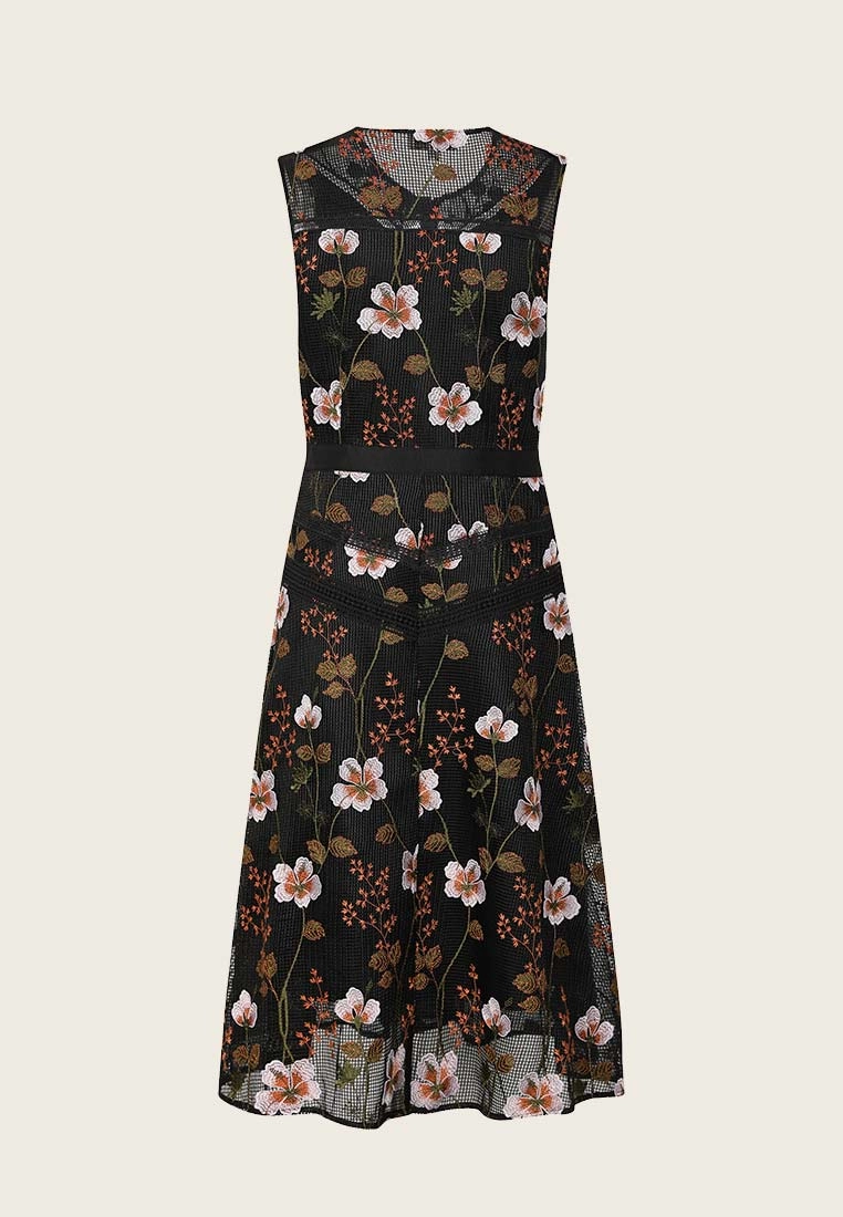 Floral Embroidered Sleeveless Cocktail Midi Dress