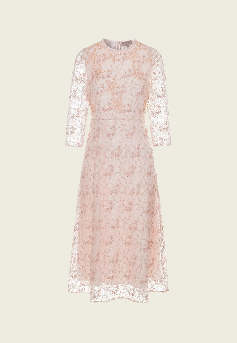 Floral-embroidery Embellished Detail Mesh Dress