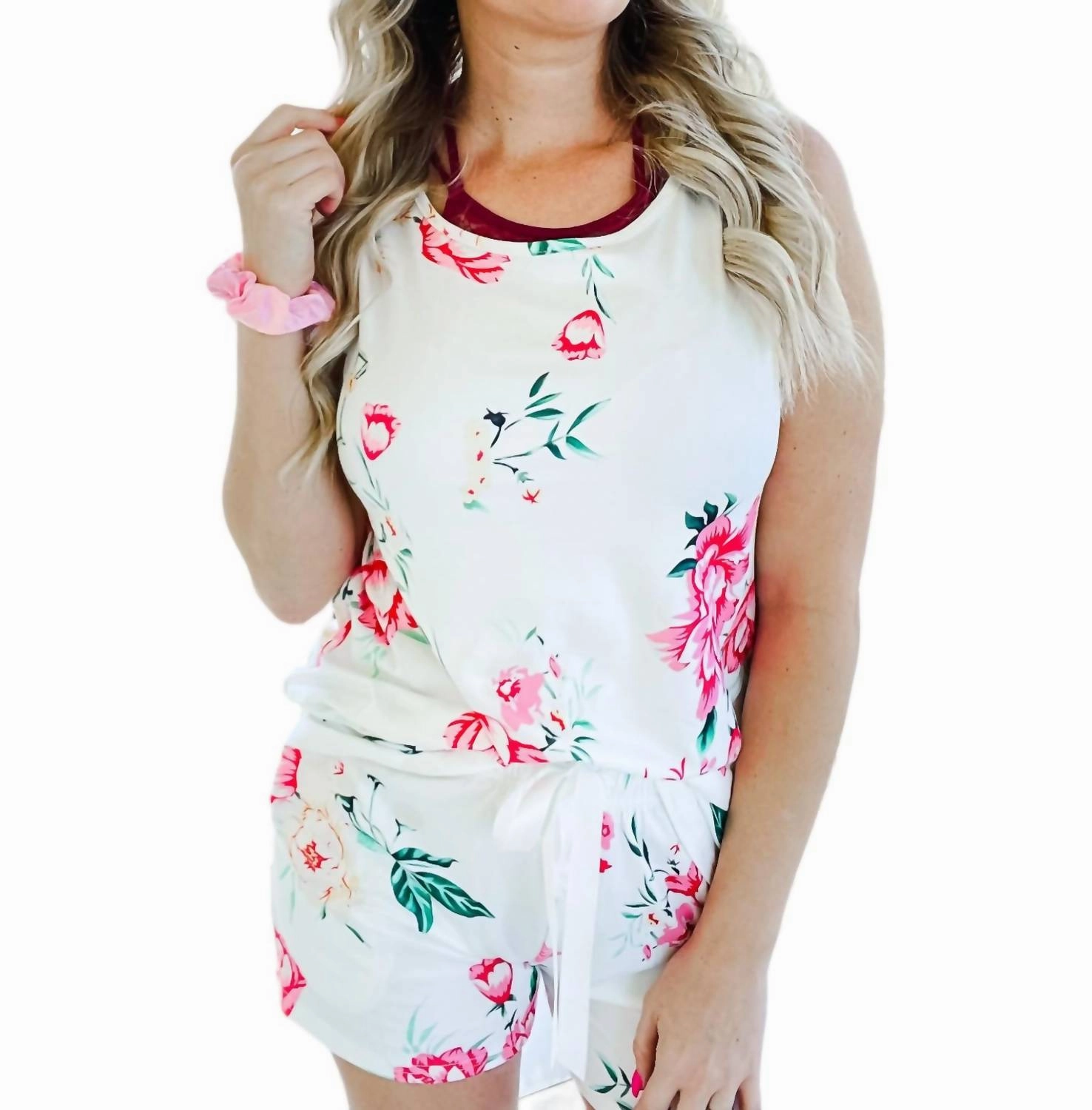 Floral Tank Top & Shorts Pajama Set In White