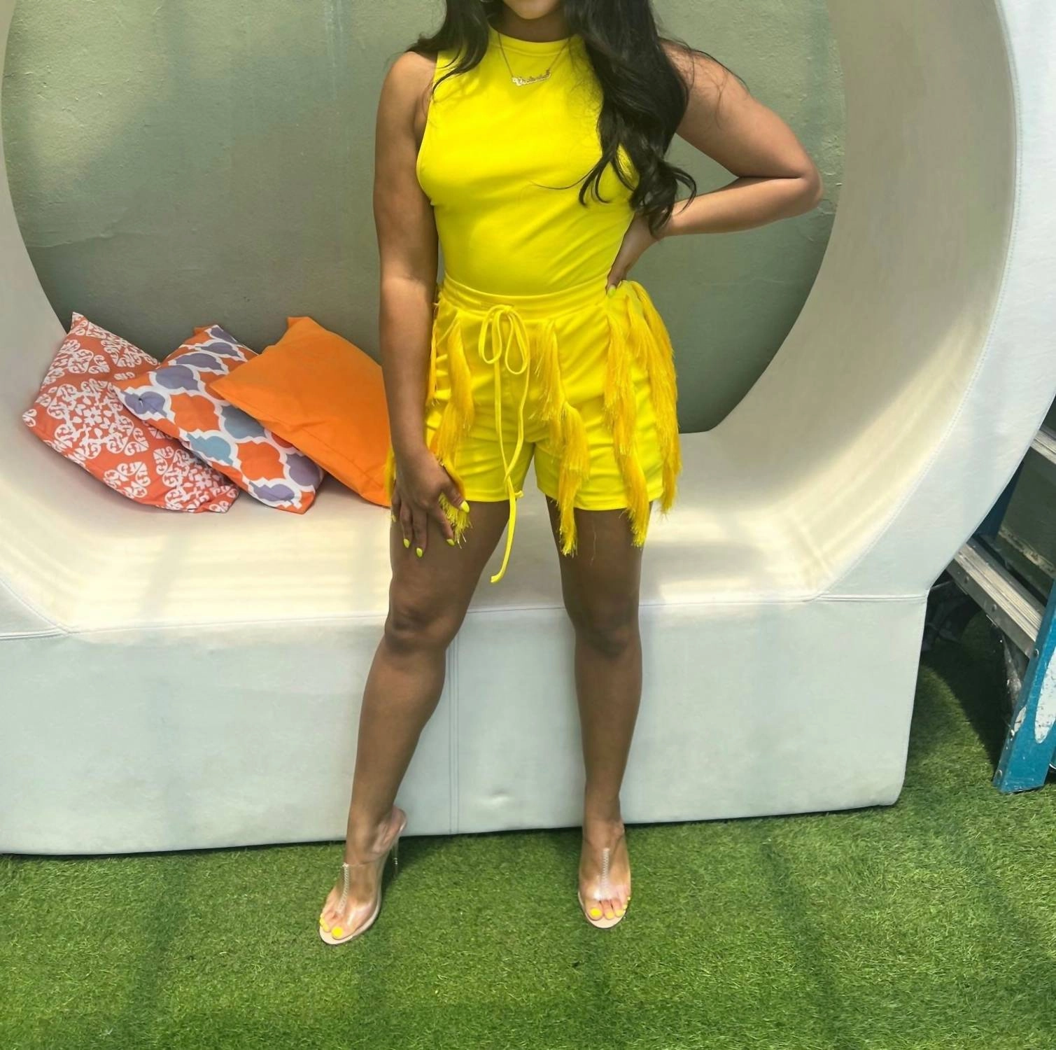 Fringe Two Piece Short Set In Yellow
