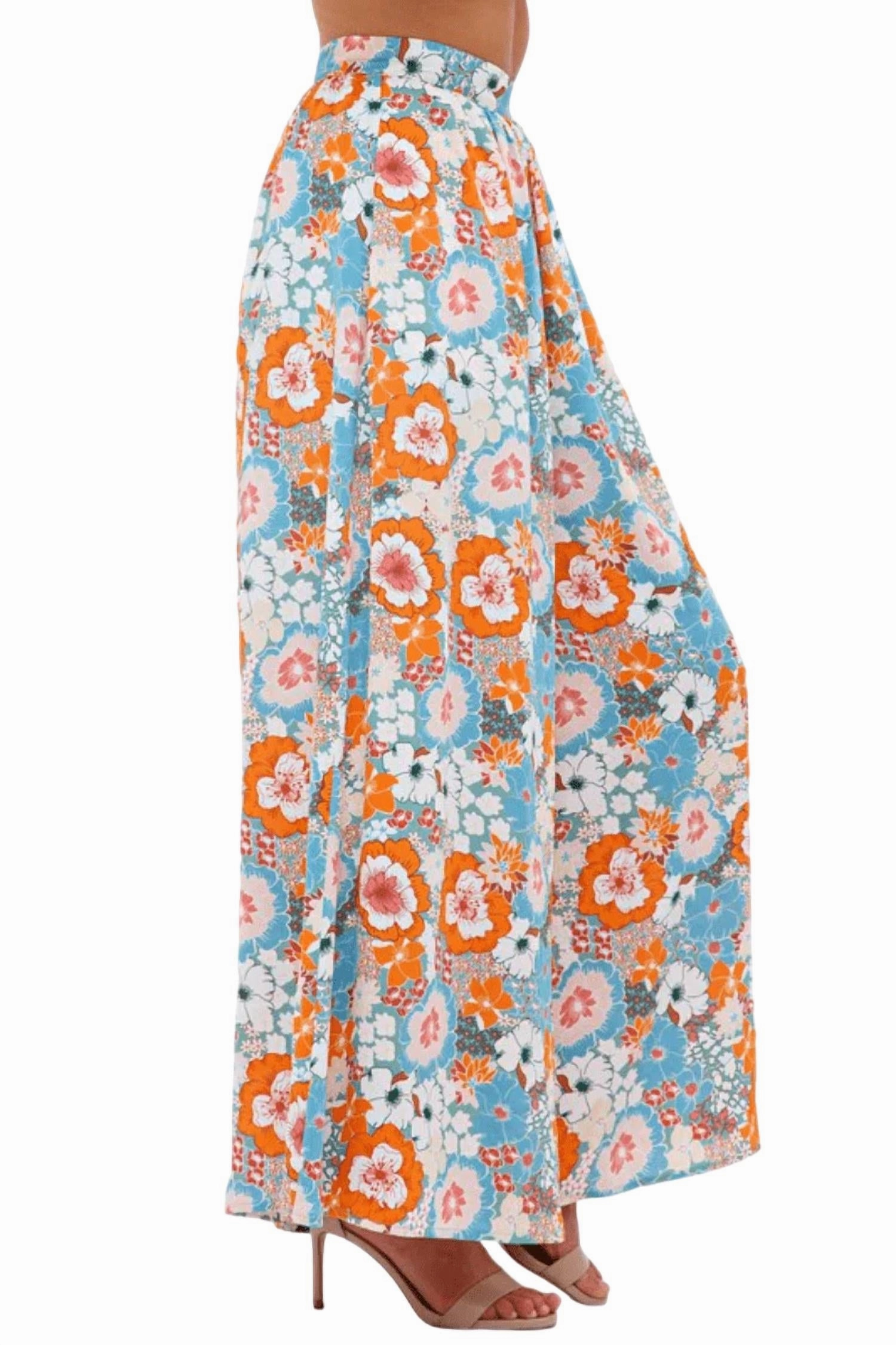 Harmony Flower Power Crop Top & Flare Pant Set In Blue/orange