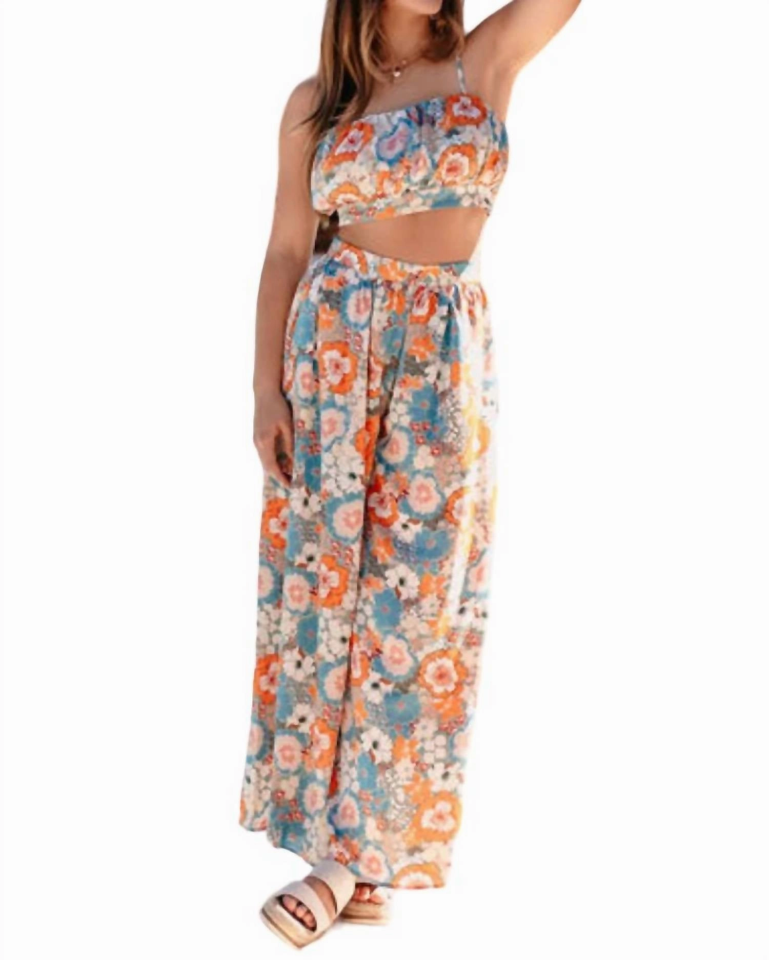 Harmony Flower Power Crop Top & Flare Pant Set In Blue/orange