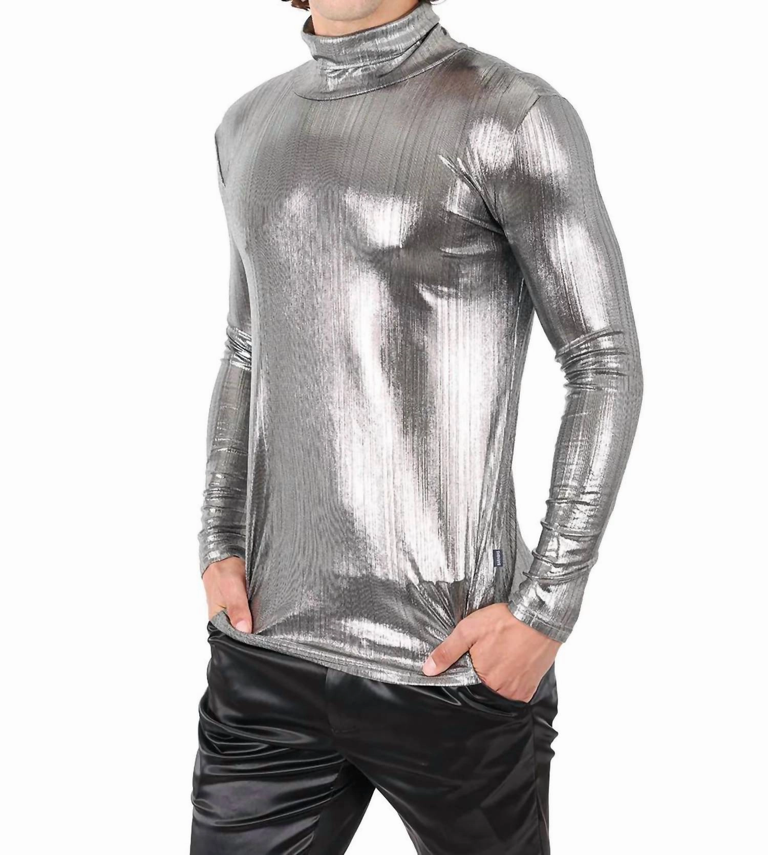 Hotter Than Hell Metallic Turtleneck Sweater In Silver