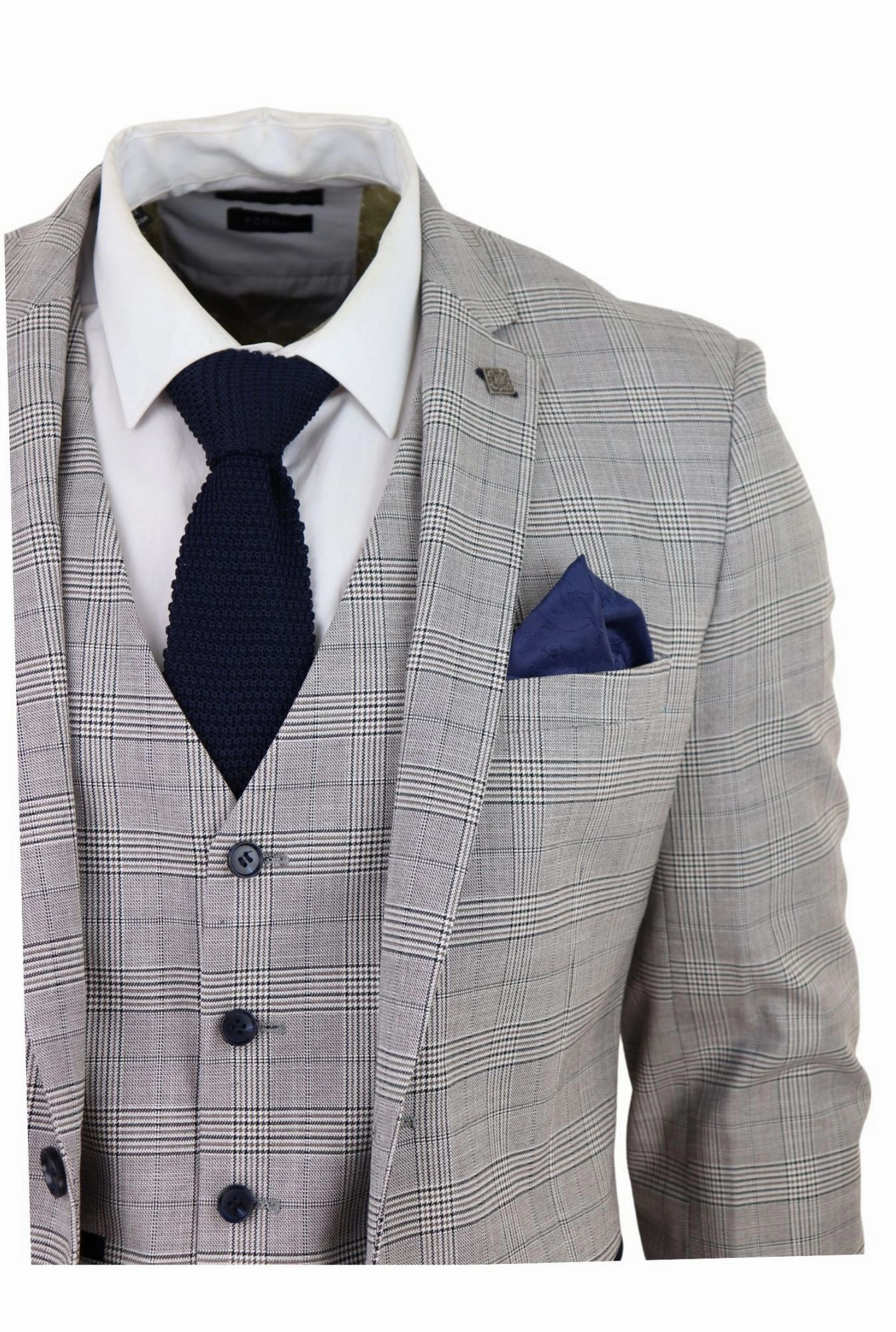 Hugo Grey 3 Piece Suit Navy Check Velvet