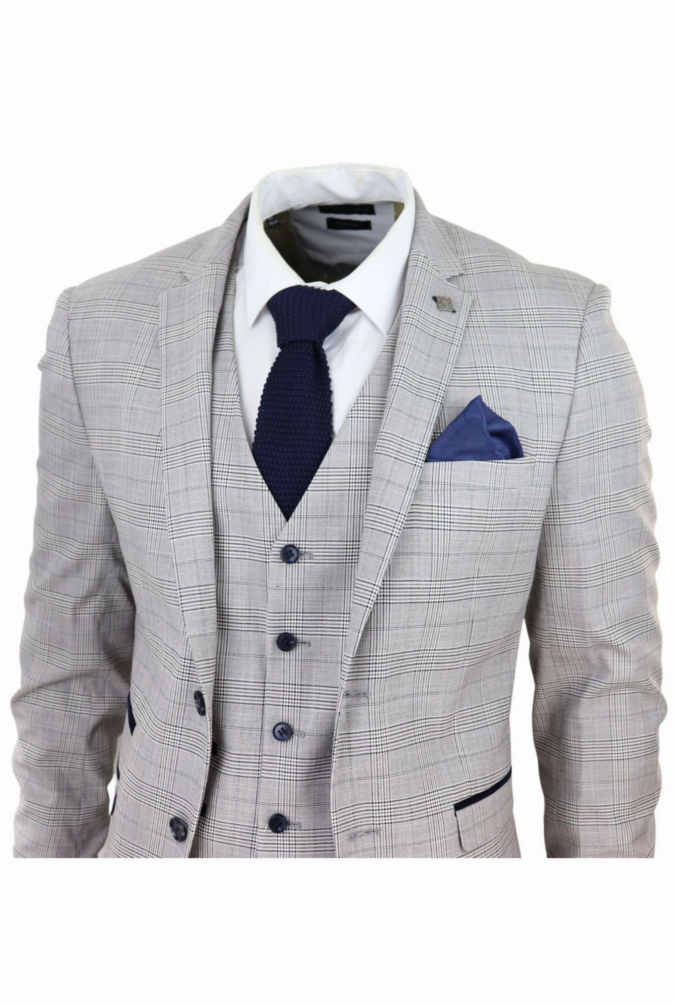 Hugo Grey 3 Piece Suit Navy Check Velvet