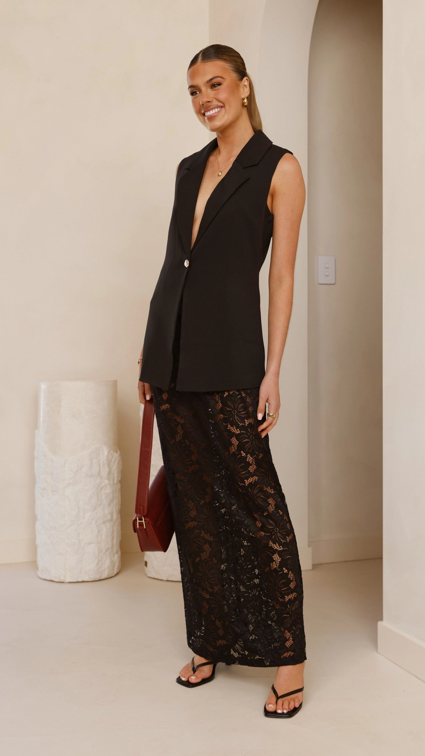 Indah Oversized Vest and Lace Maxi Skirt - Black