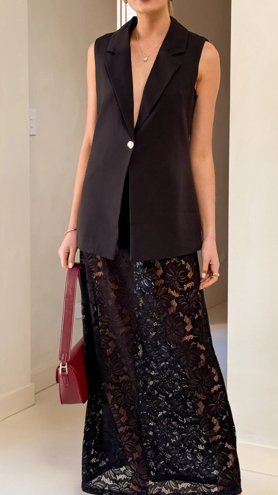 Indah Oversized Vest and Lace Maxi Skirt - Black
