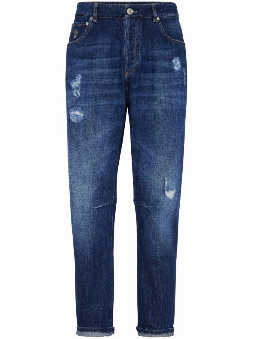 Indigo-Blue Cotton Trousers With Distressed Finish