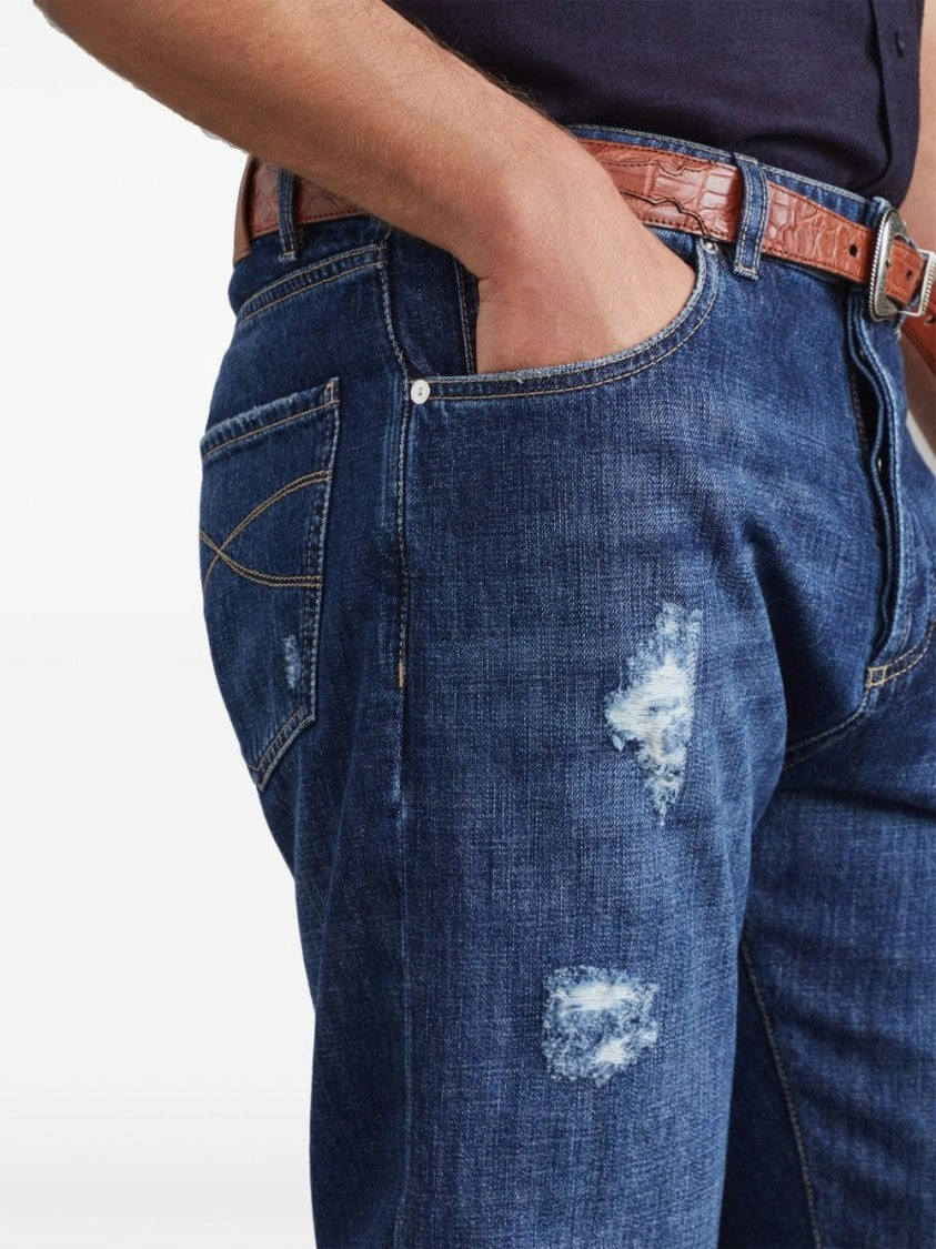 Indigo-Blue Cotton Trousers With Distressed Finish