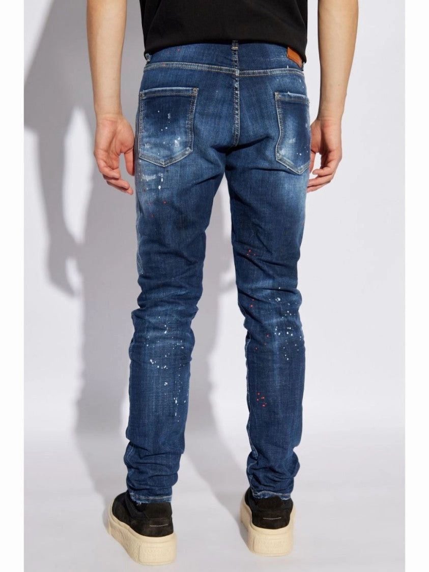 Indigo Cotton And Patent Leather Slim-Fit Jeans