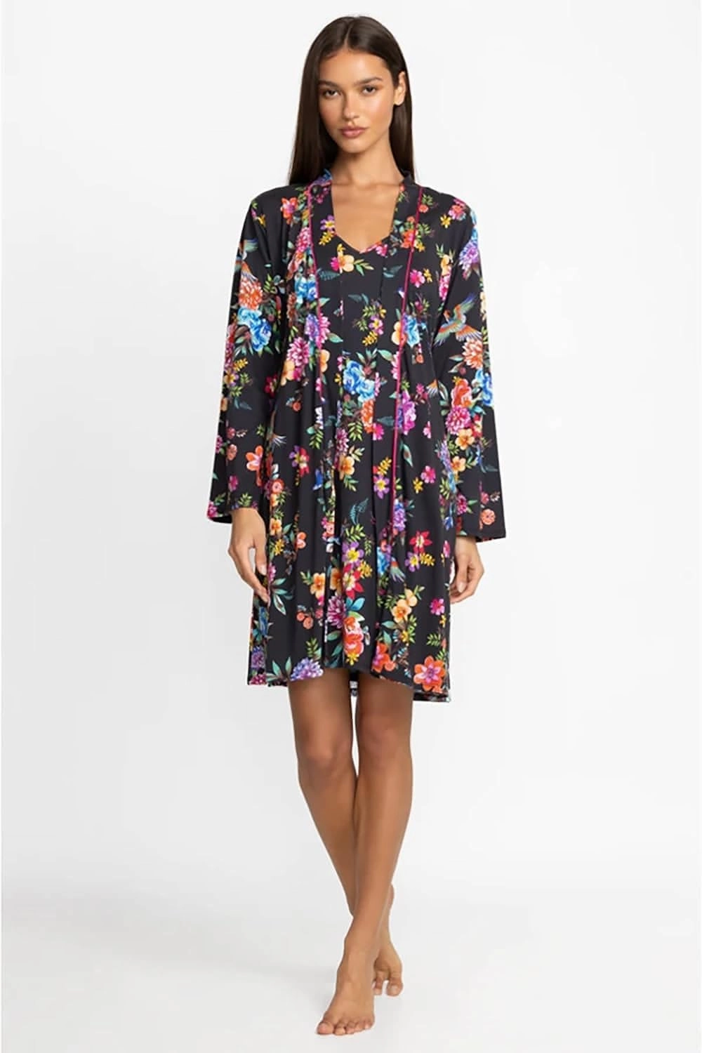 Johnny Was Women Sognatore Nero's Sleep Robe Long Sleeve Self Tie Belt Multi Floral New