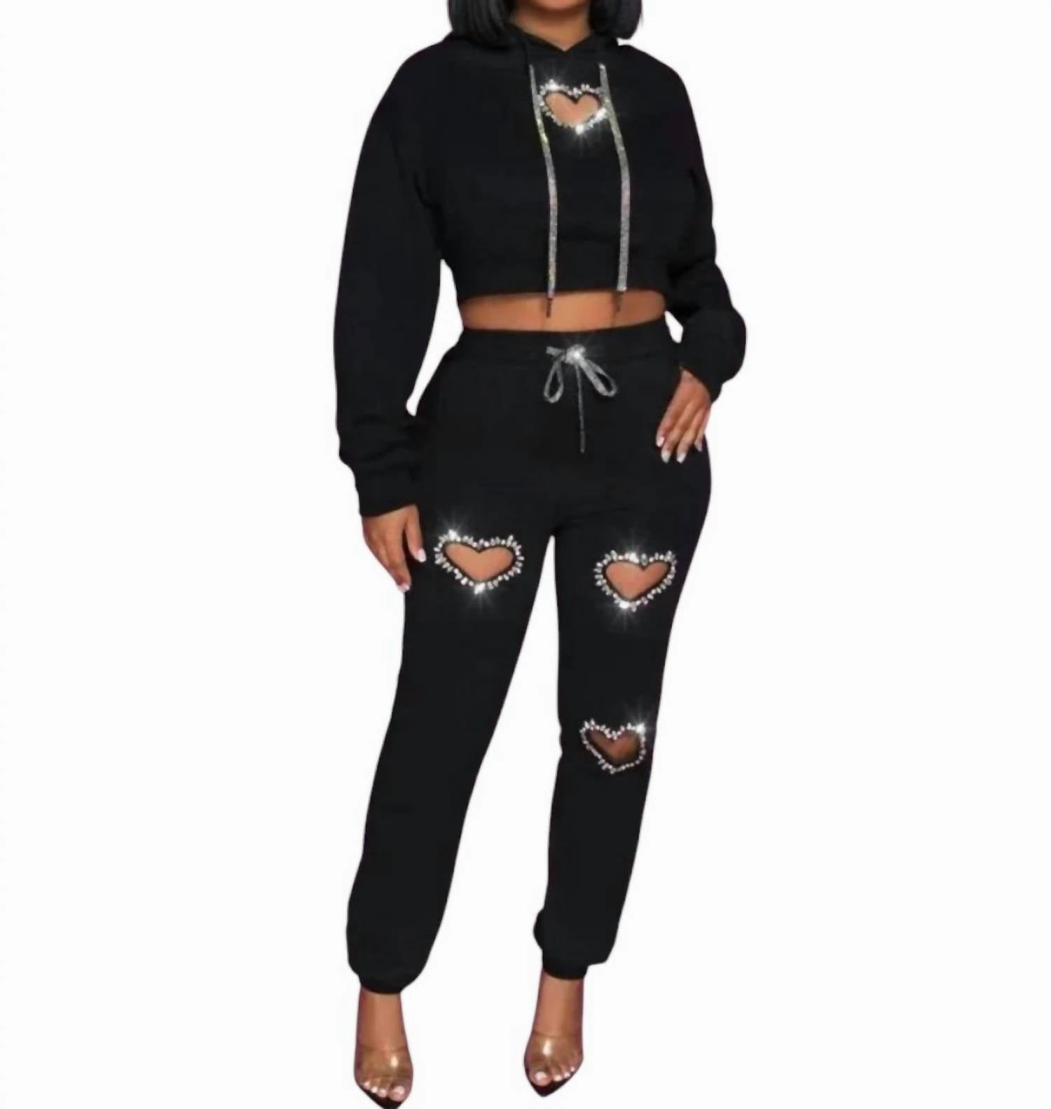 Karlie Heart Cutout Crop Top & Jogger Set In Black
