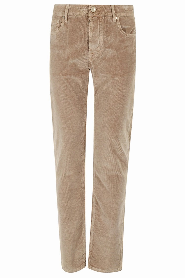 Khaki Striped Velvet Pants With 5-Pocket Design