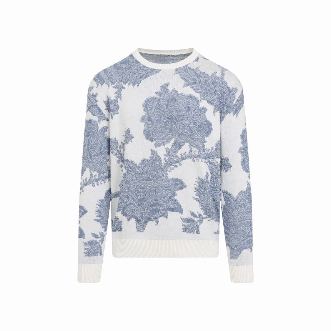 Knitted C-Neck White And Blue Cotton Pullover