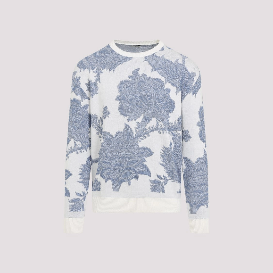 Knitted C-Neck White And Blue Cotton Pullover