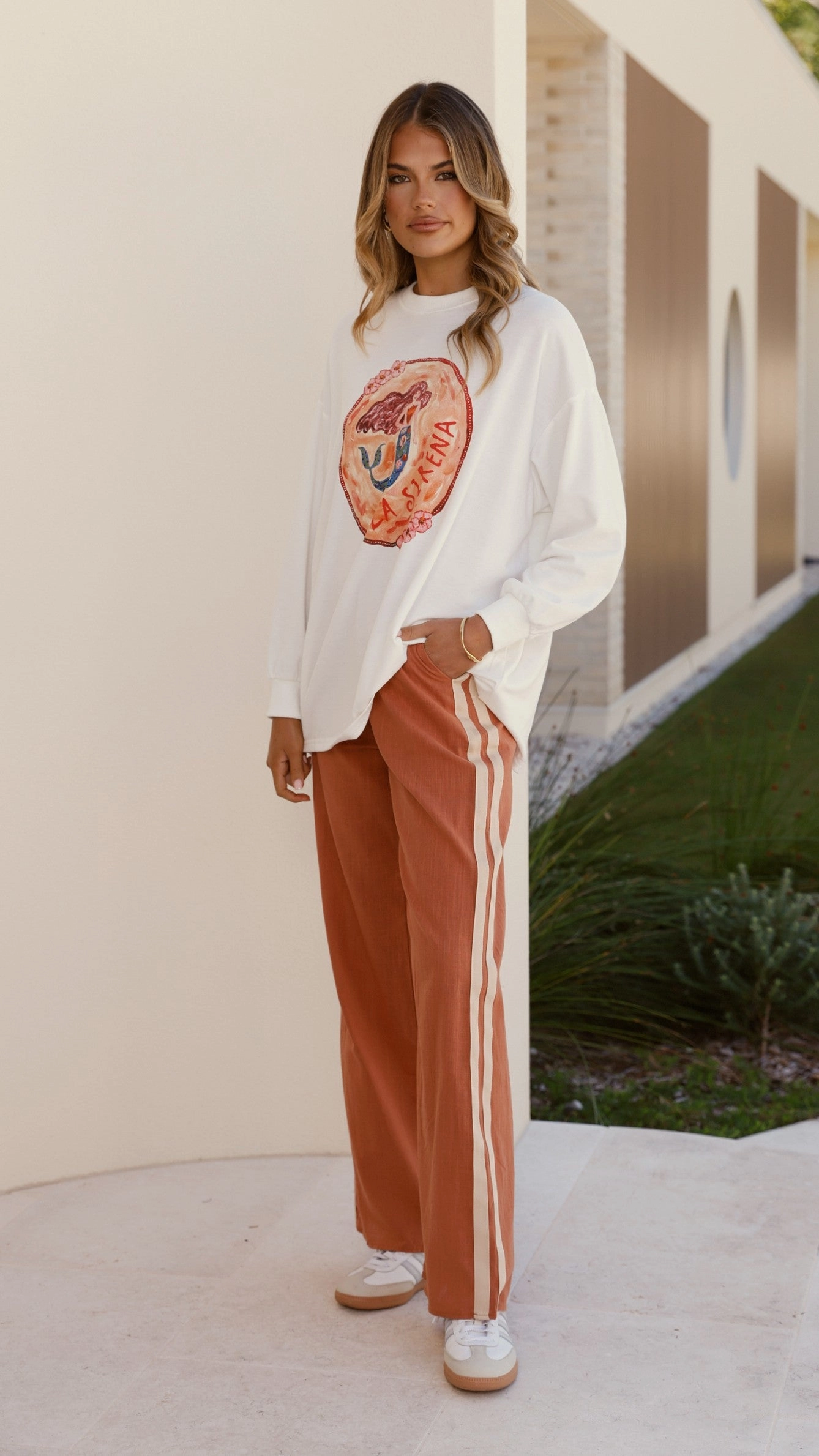 La Sirena Long Sleeve Top and Pants Set - White / Rust