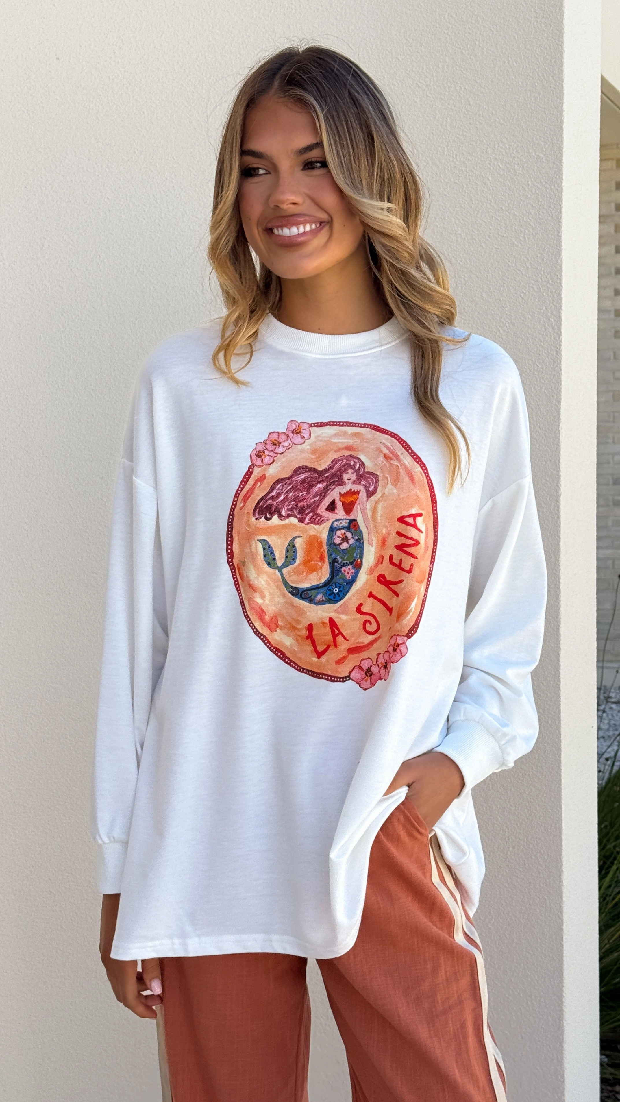 La Sirena Long Sleeve Top and Pants Set - White / Rust