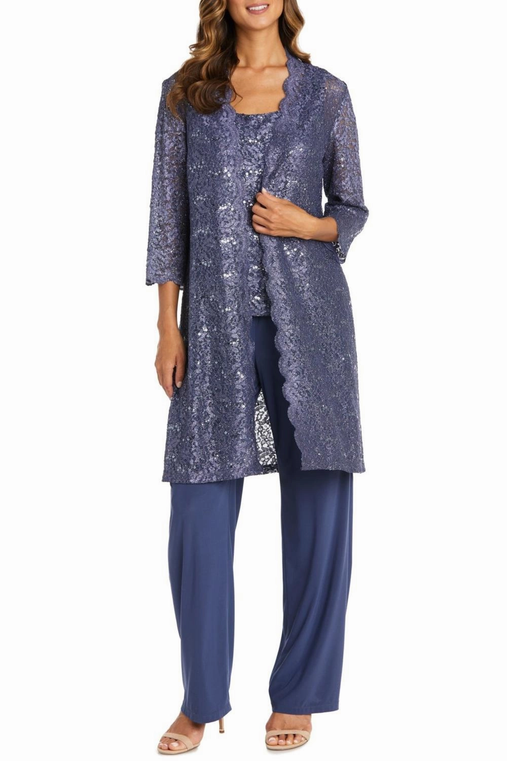 Lace 3/4 Sleeve 3-Piece Pants Set In Cadet