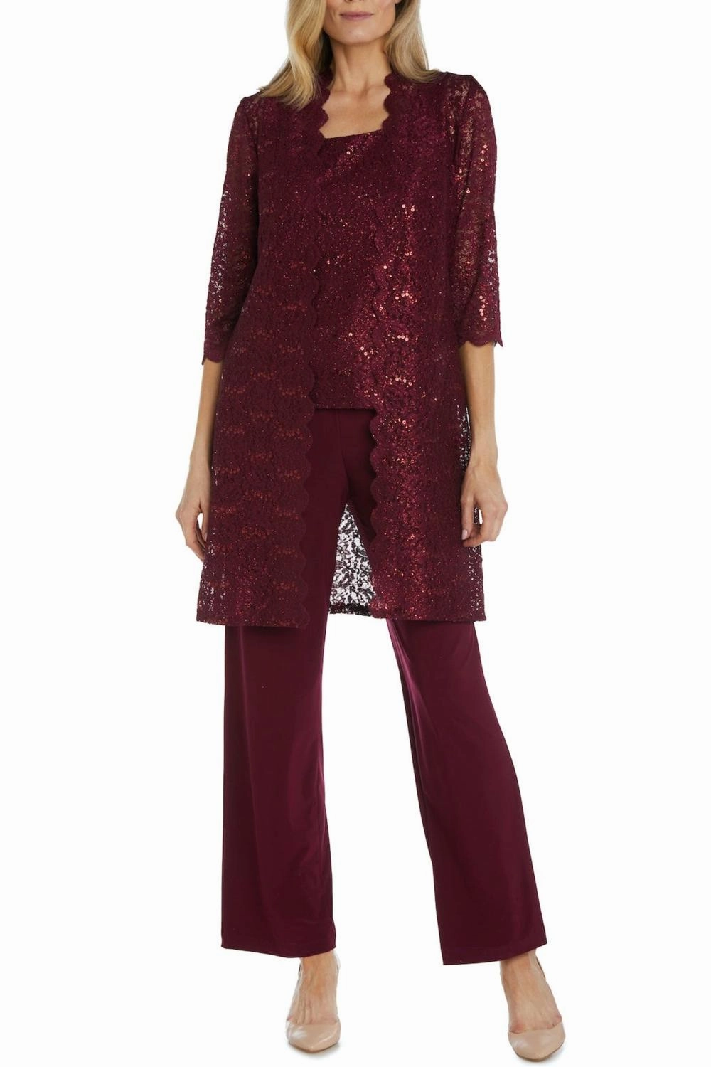 Lace 3/4 Sleeve 3-Piece Pants Set In Merlot