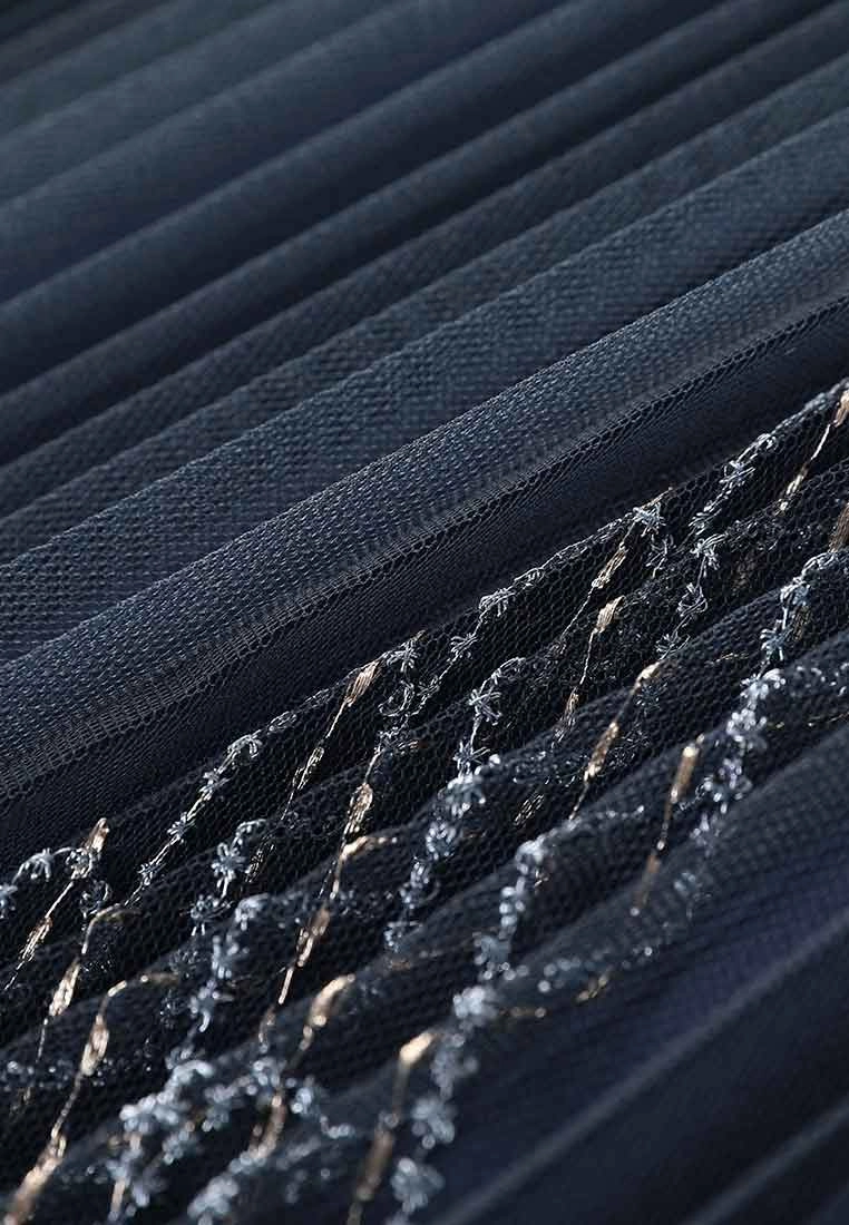 Layered Dark Blue Embroidered Organza Cocktail Dress