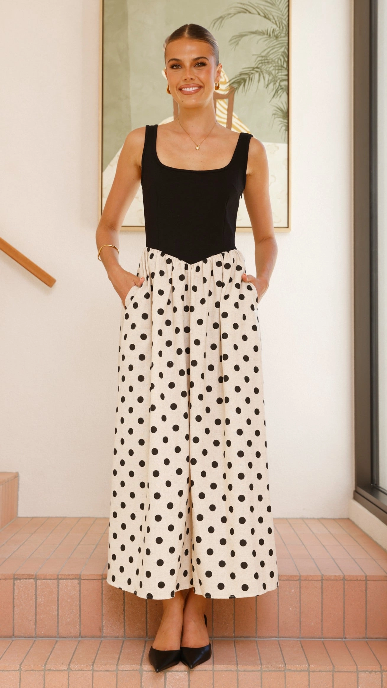 Leoni Maxi Dress - Oat/Black Spot