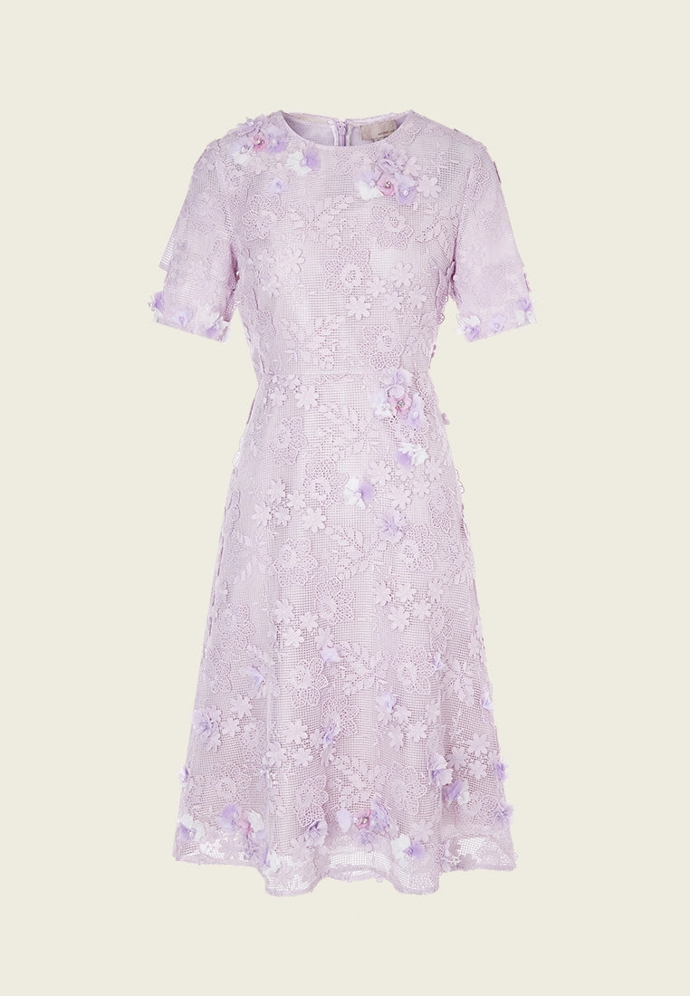 Lilac Round Neck Lace Midi Dress