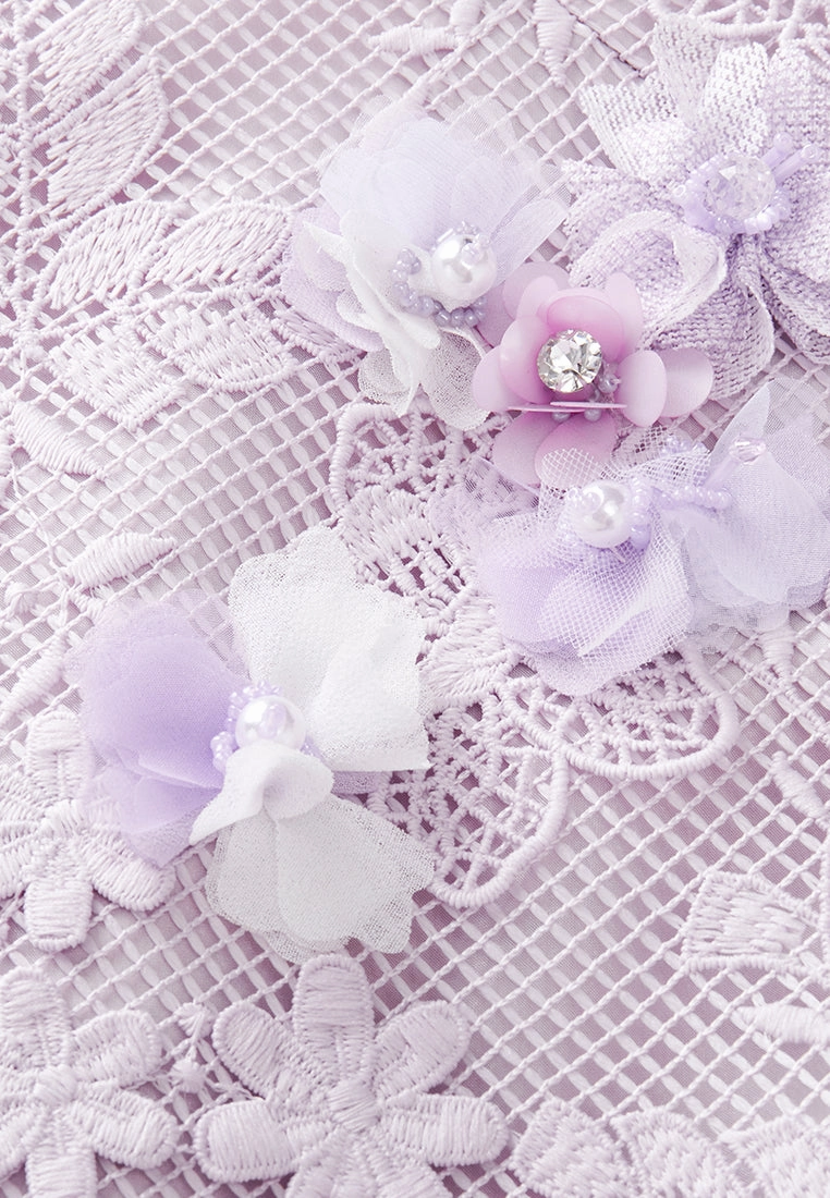 Lilac Round Neck Lace Midi Dress