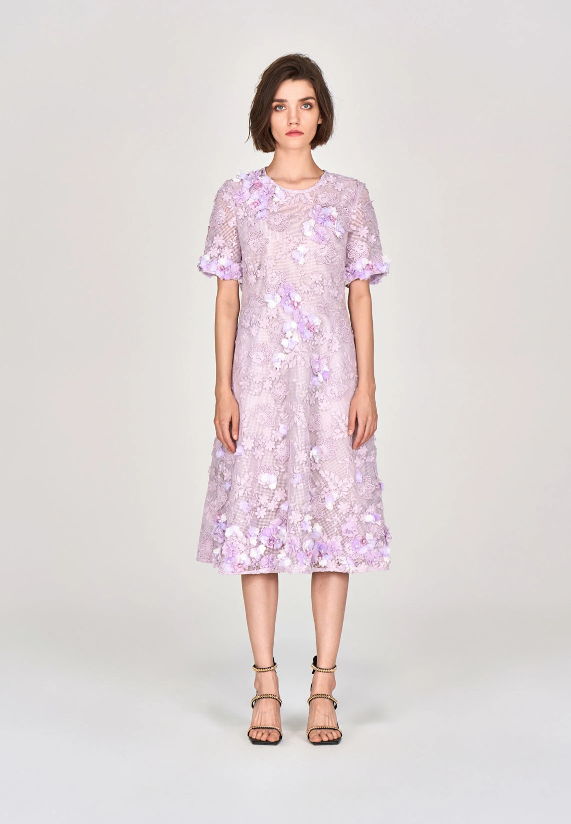 Lilac Round Neck Lace Midi Dress