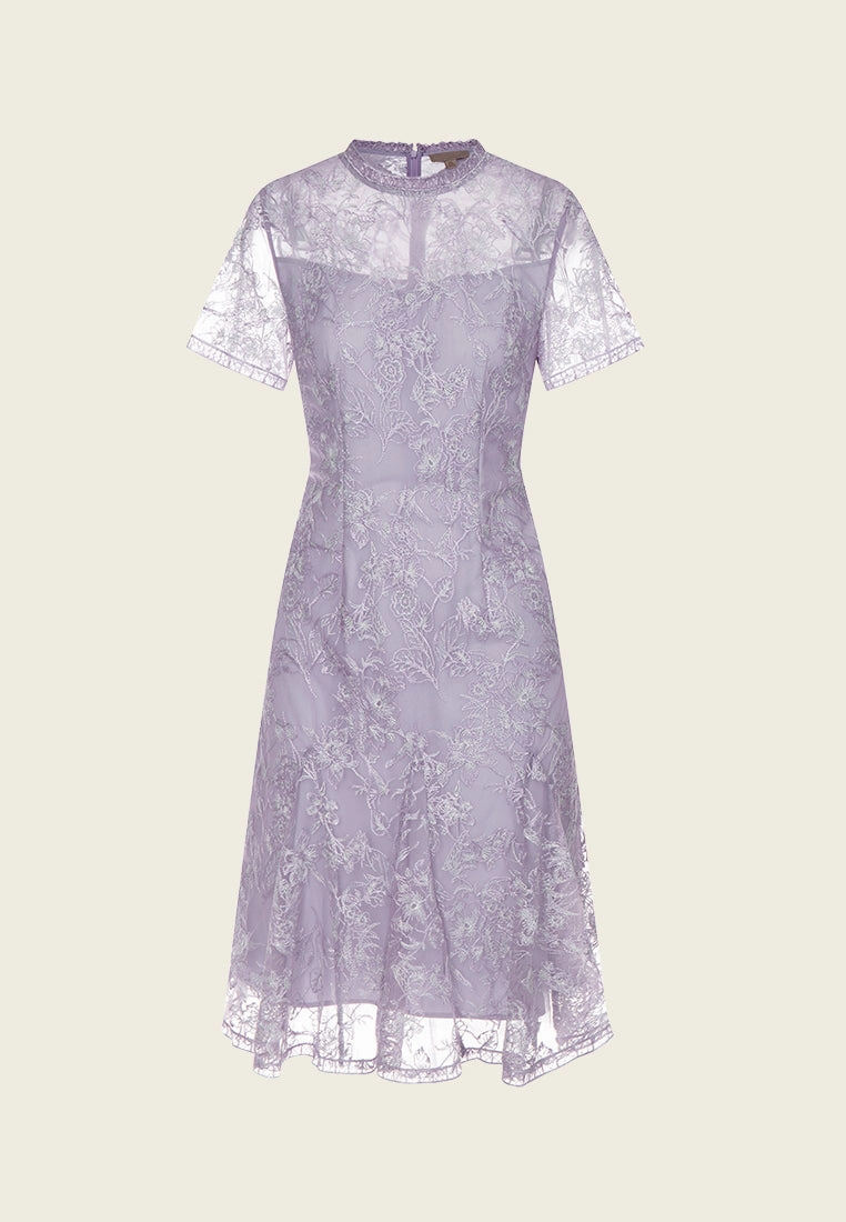 Lilac Ruffle-collar Embroidered Mesh Lace Dress