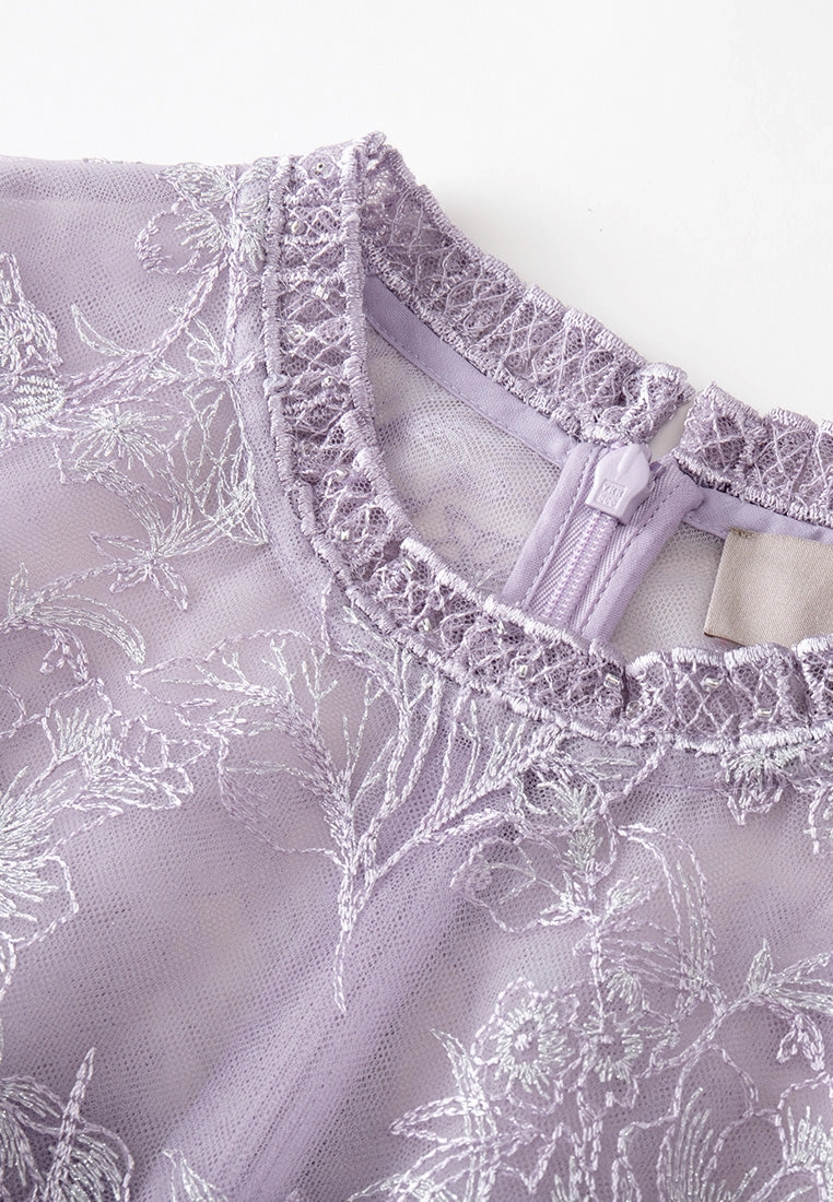 Lilac Ruffle-collar Embroidered Mesh Lace Dress
