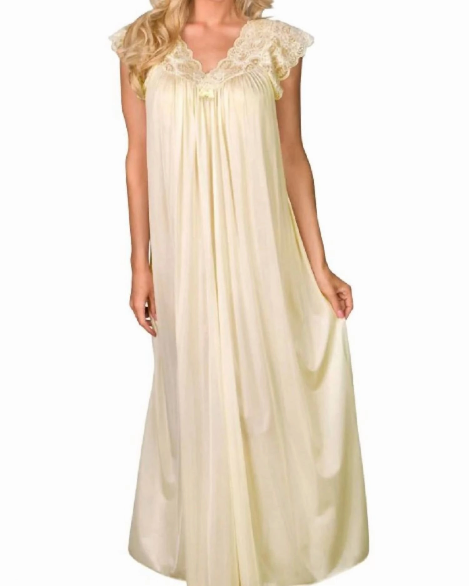 Long Lace Cap Sleeve Nightgown In Ivory