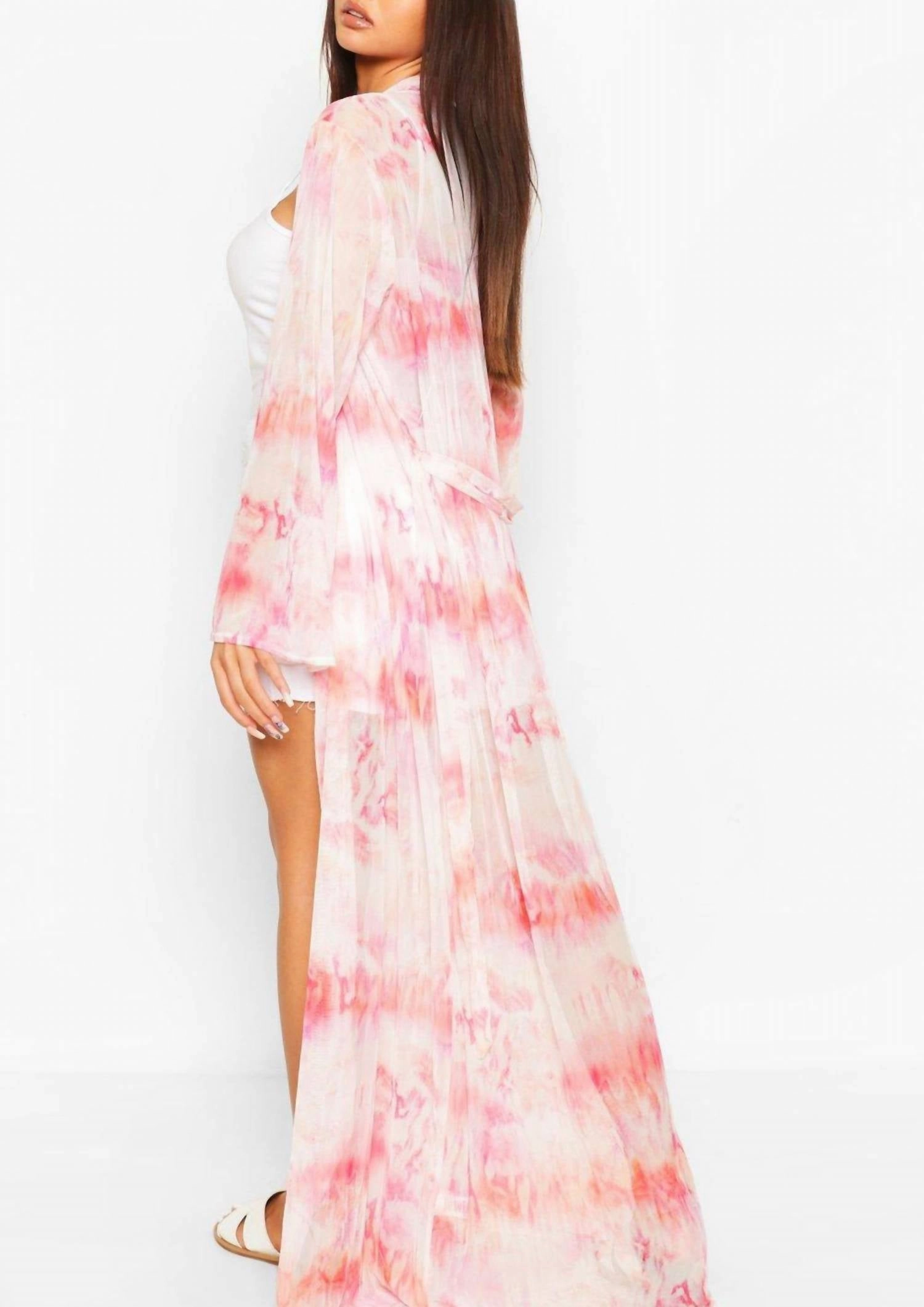 Long Sleeve Printed Duster In Pink