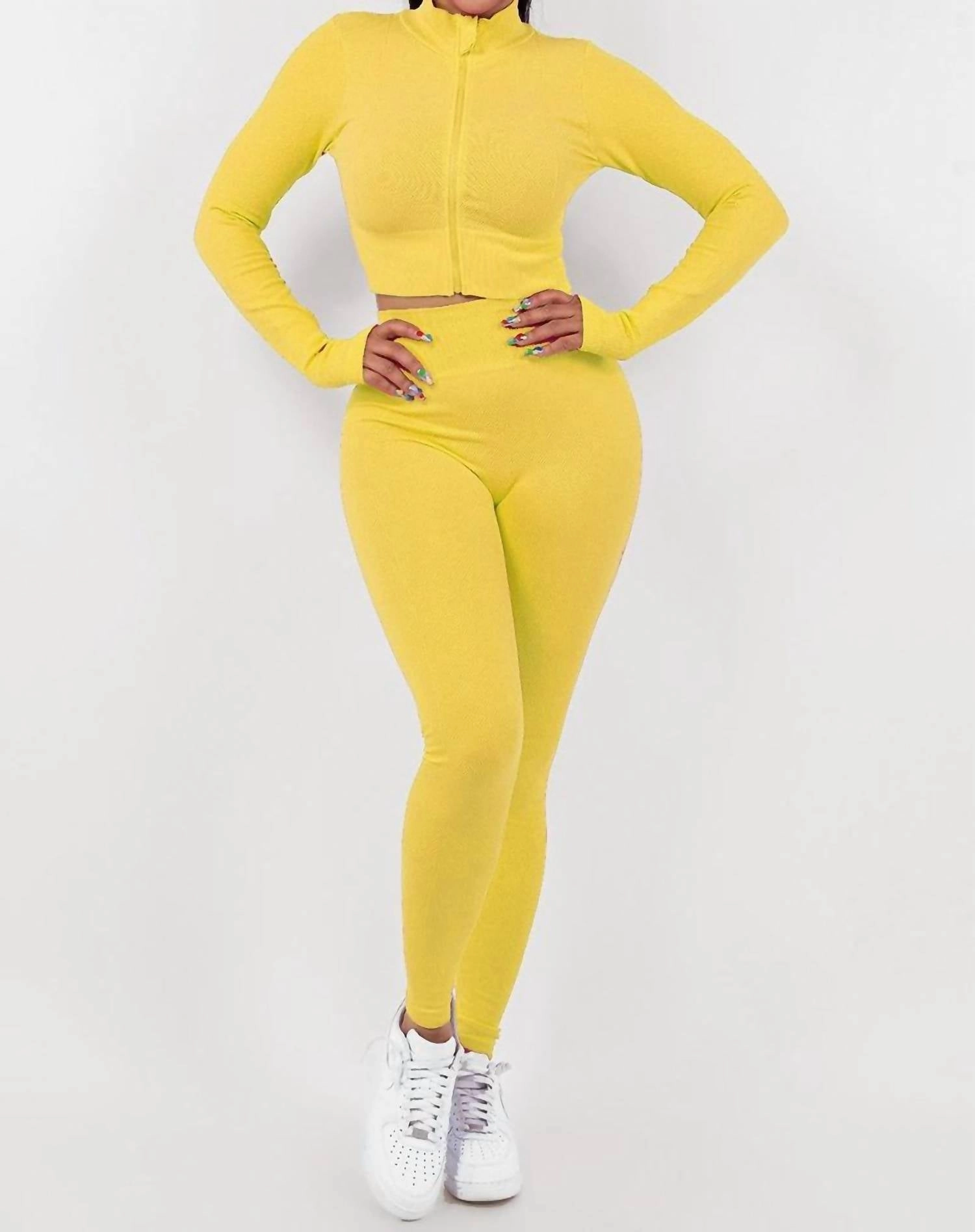 Long Sleeve Top And Pants Loungin Set In Yellow