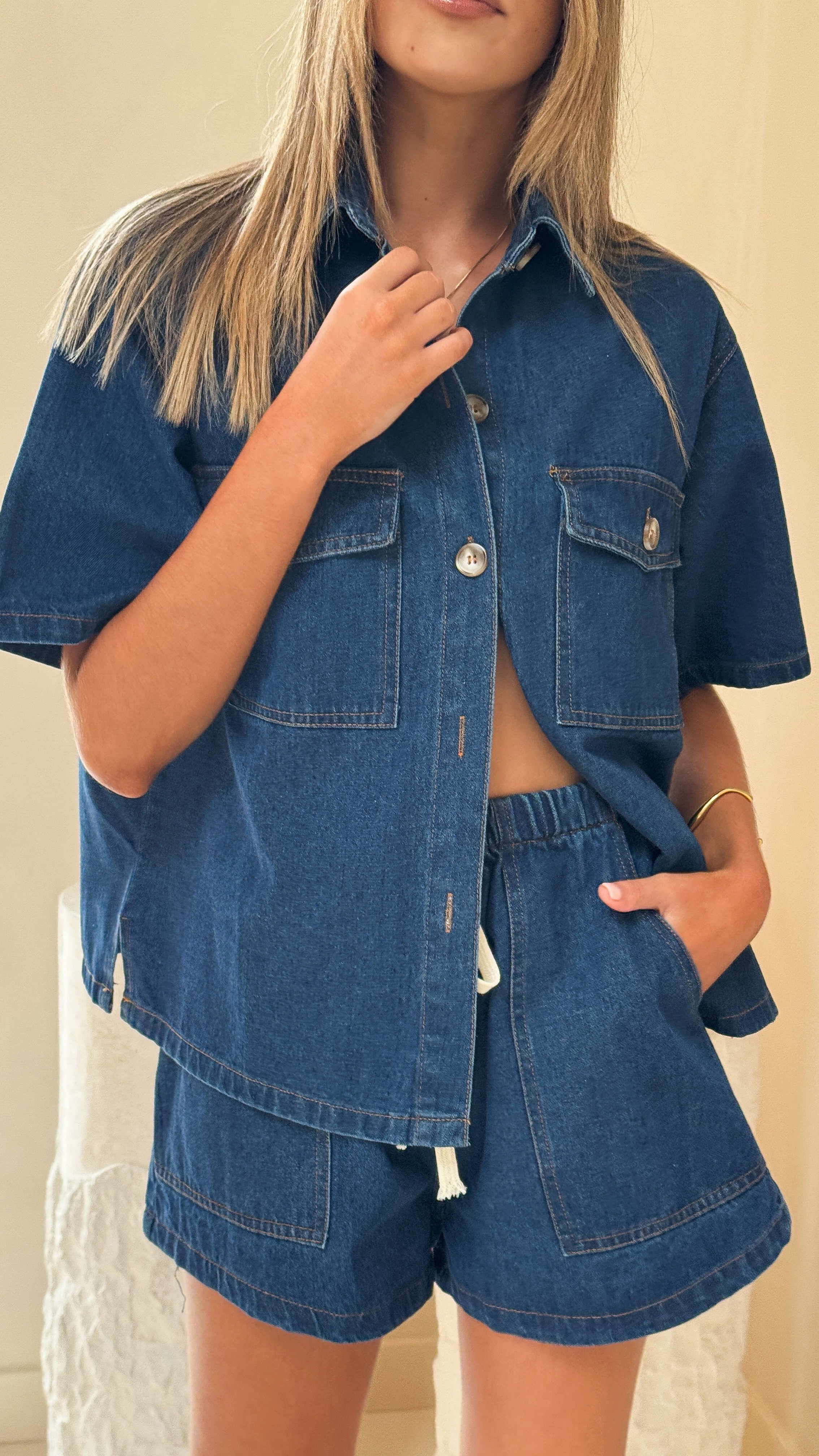 Loretta Button Up Shirt and Shorts Set - Dark Denim