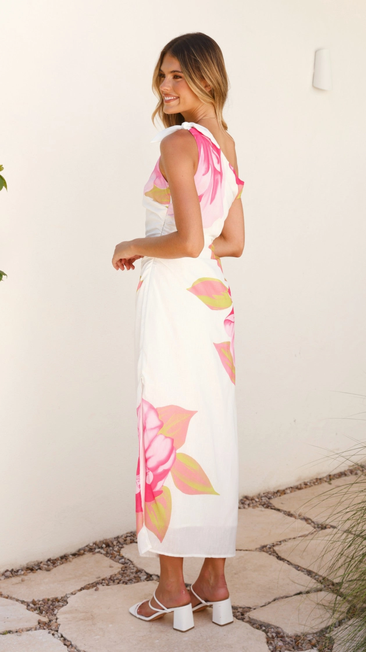 Maisy Shoulder Tie Midi Dress - Pink Green