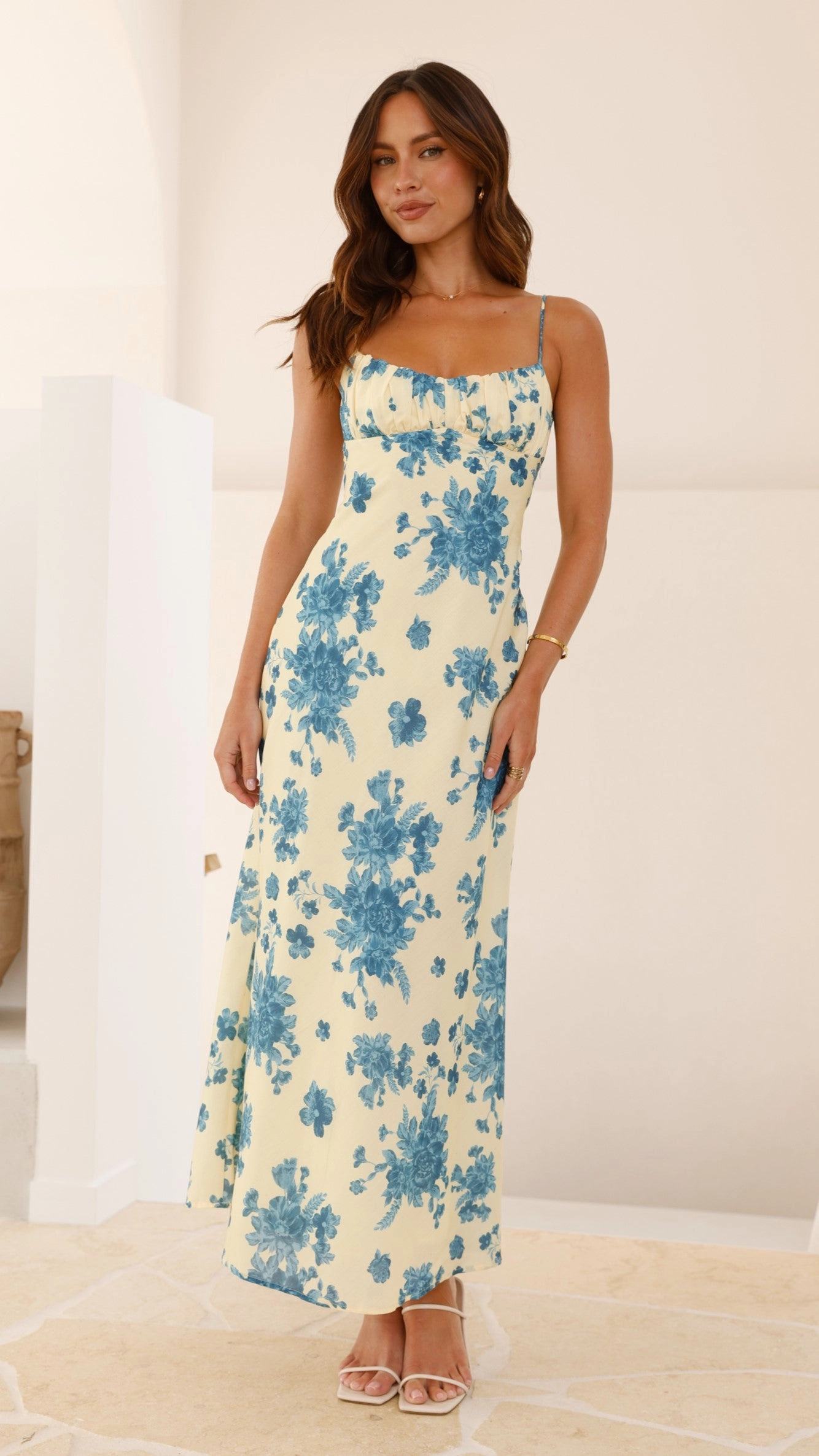 Margie Midi Dress - Yellow / Blue Floral