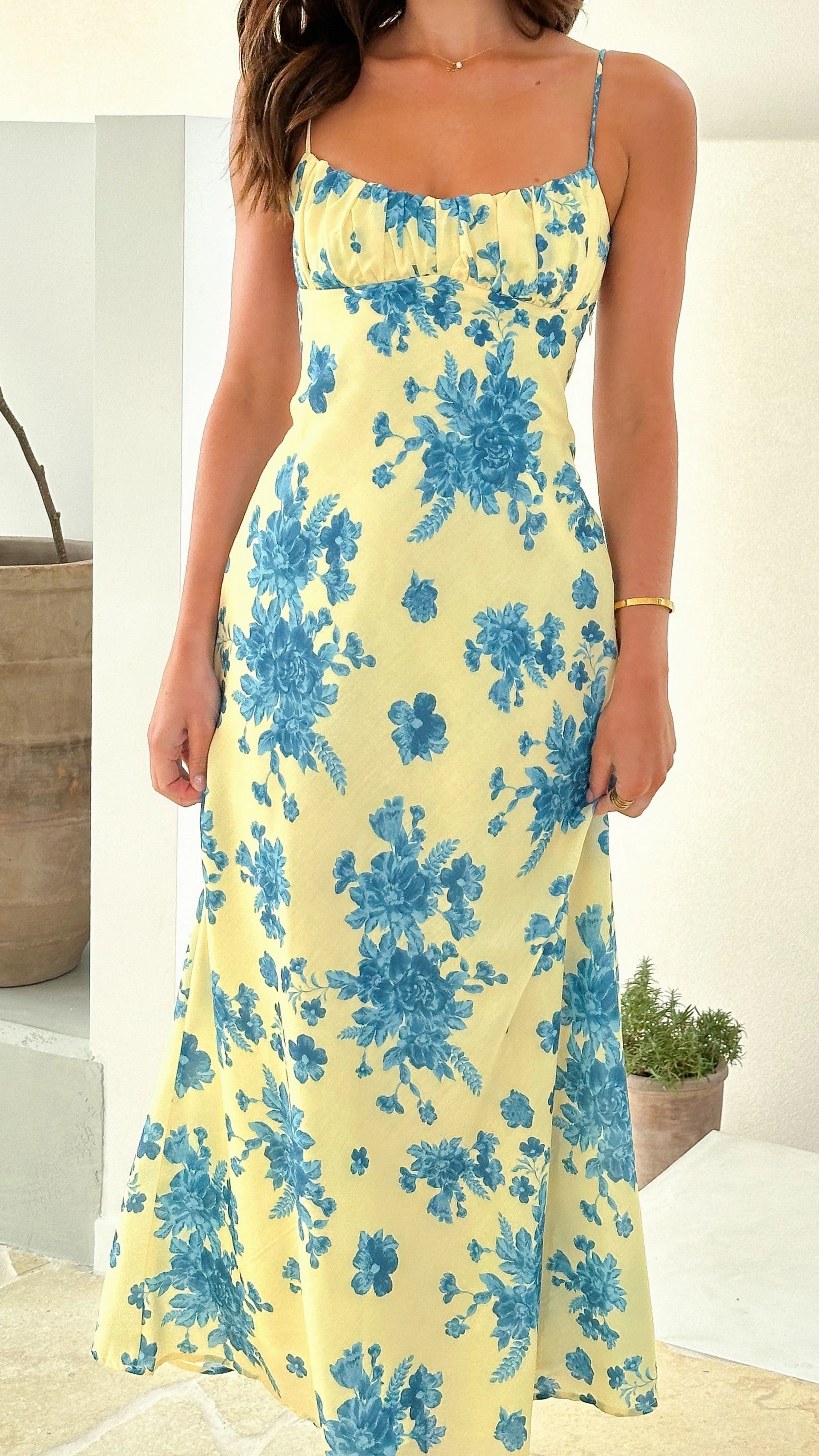 Margie Midi Dress - Yellow / Blue Floral