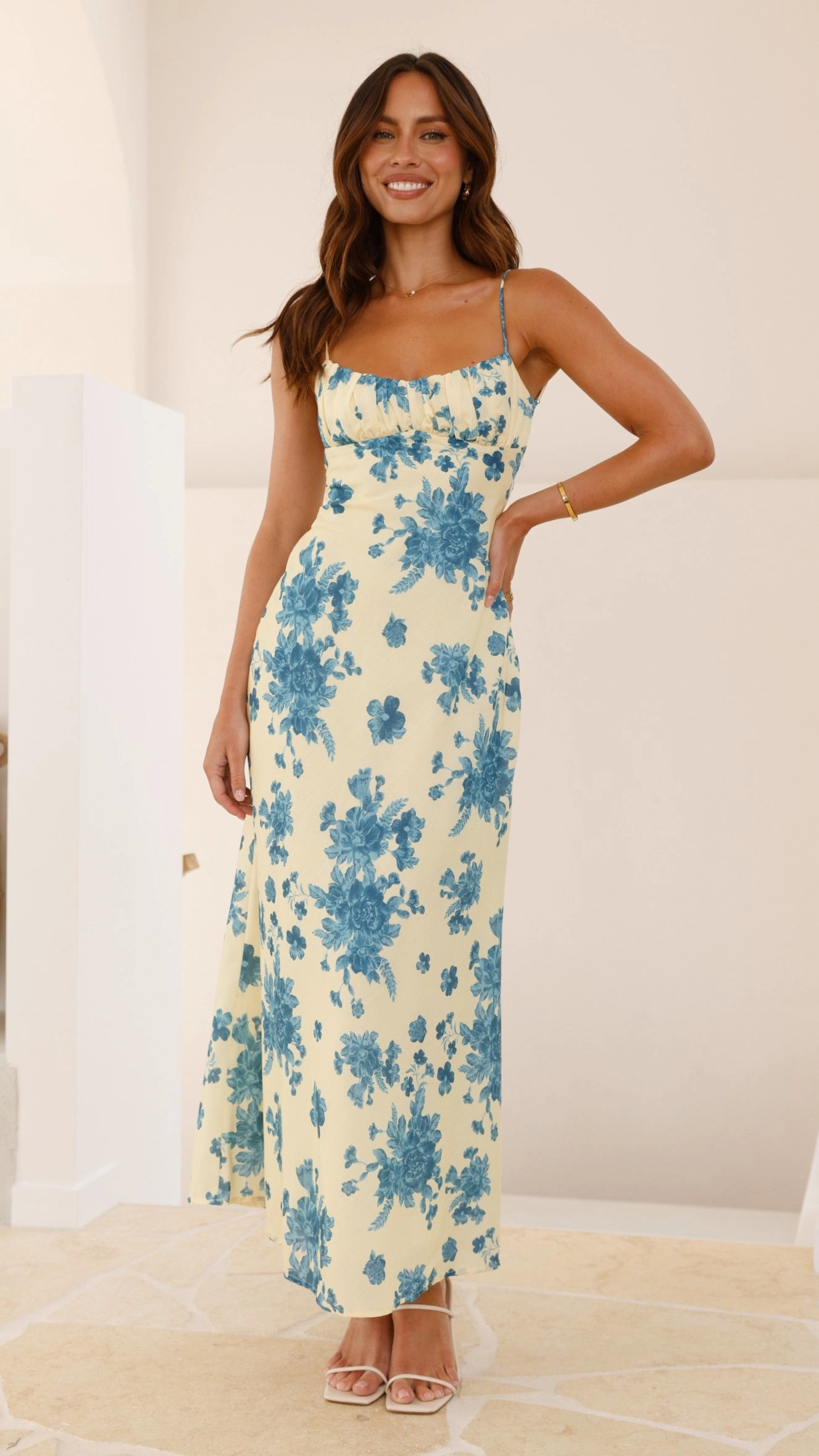 Margie Midi Dress - Yellow / Blue Floral