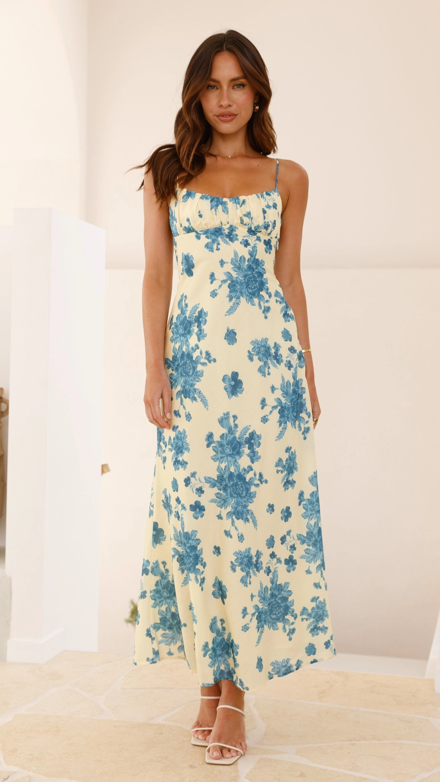 Margie Midi Dress - Yellow / Blue Floral