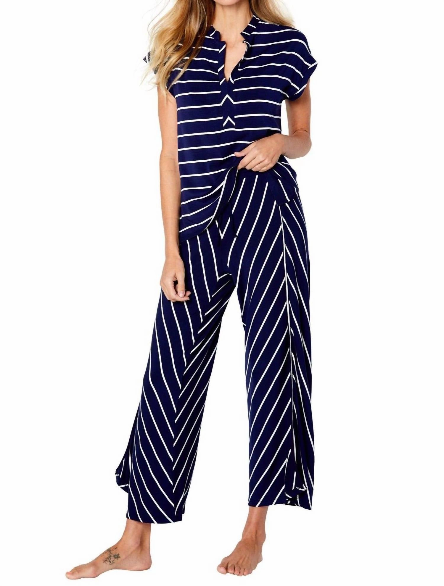 Marina Stripes Drop Shoulder Loungewear Set In Navy