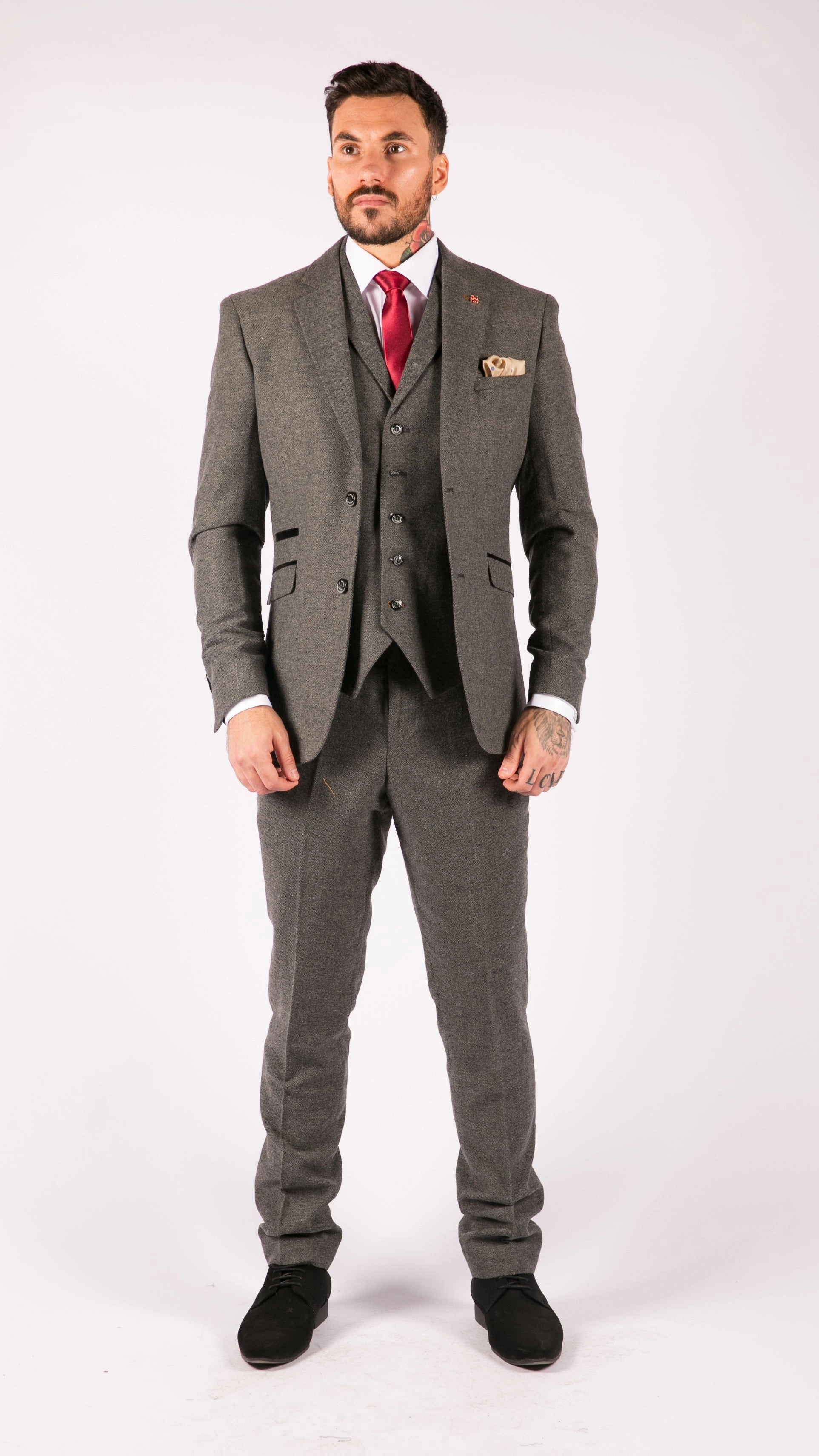 Martez 3 Piece Wool Suit Herringbone Tweed Grey