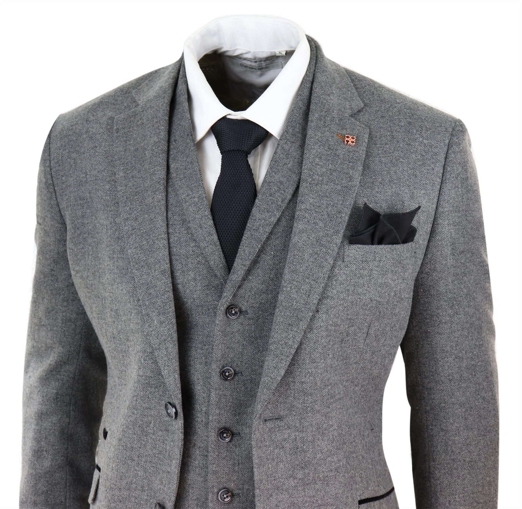 Martez 3 Piece Wool Suit Herringbone Tweed Grey