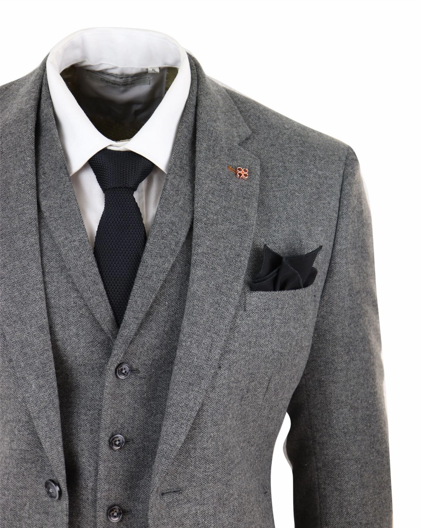 Martez 3 Piece Wool Suit Herringbone Tweed Grey